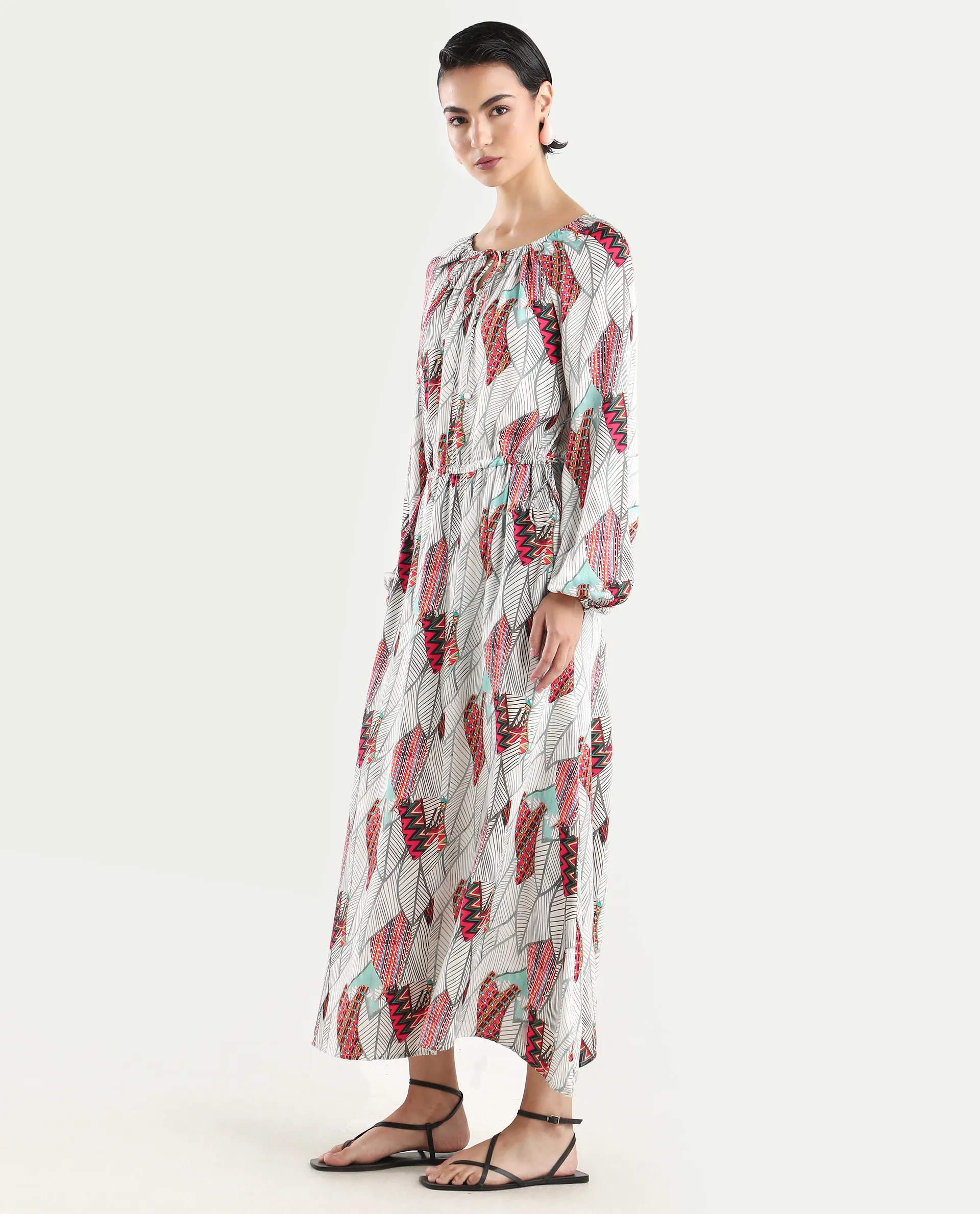 Rareism Women's Numan Multi Cotton Blend Tie-Up Neck Tropical Print Maxi Regular Fit Dress - Image 6