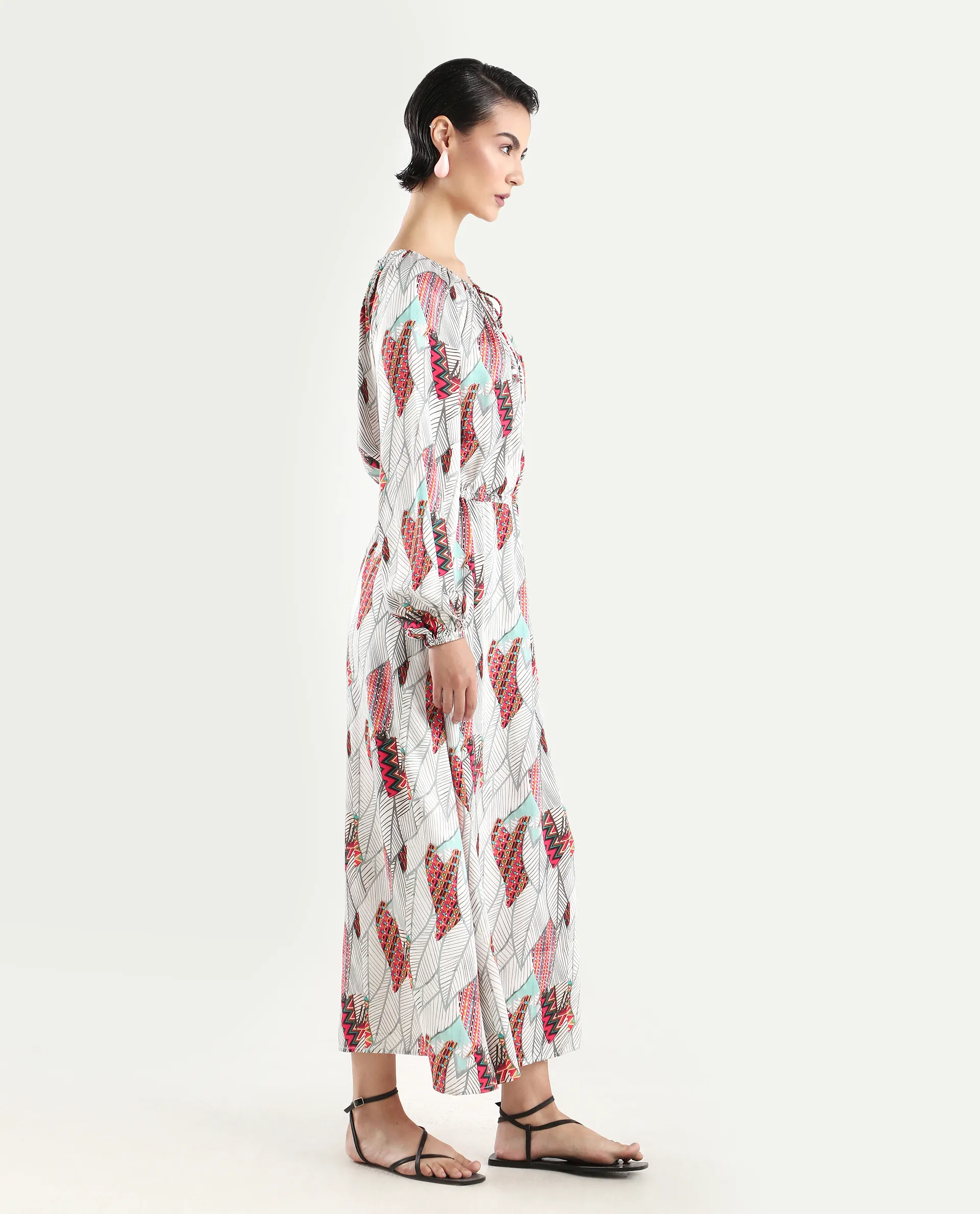 Rareism Women's Numan Multi Cotton Blend Tie-Up Neck Tropical Print Maxi Regular Fit Dress - Image 7