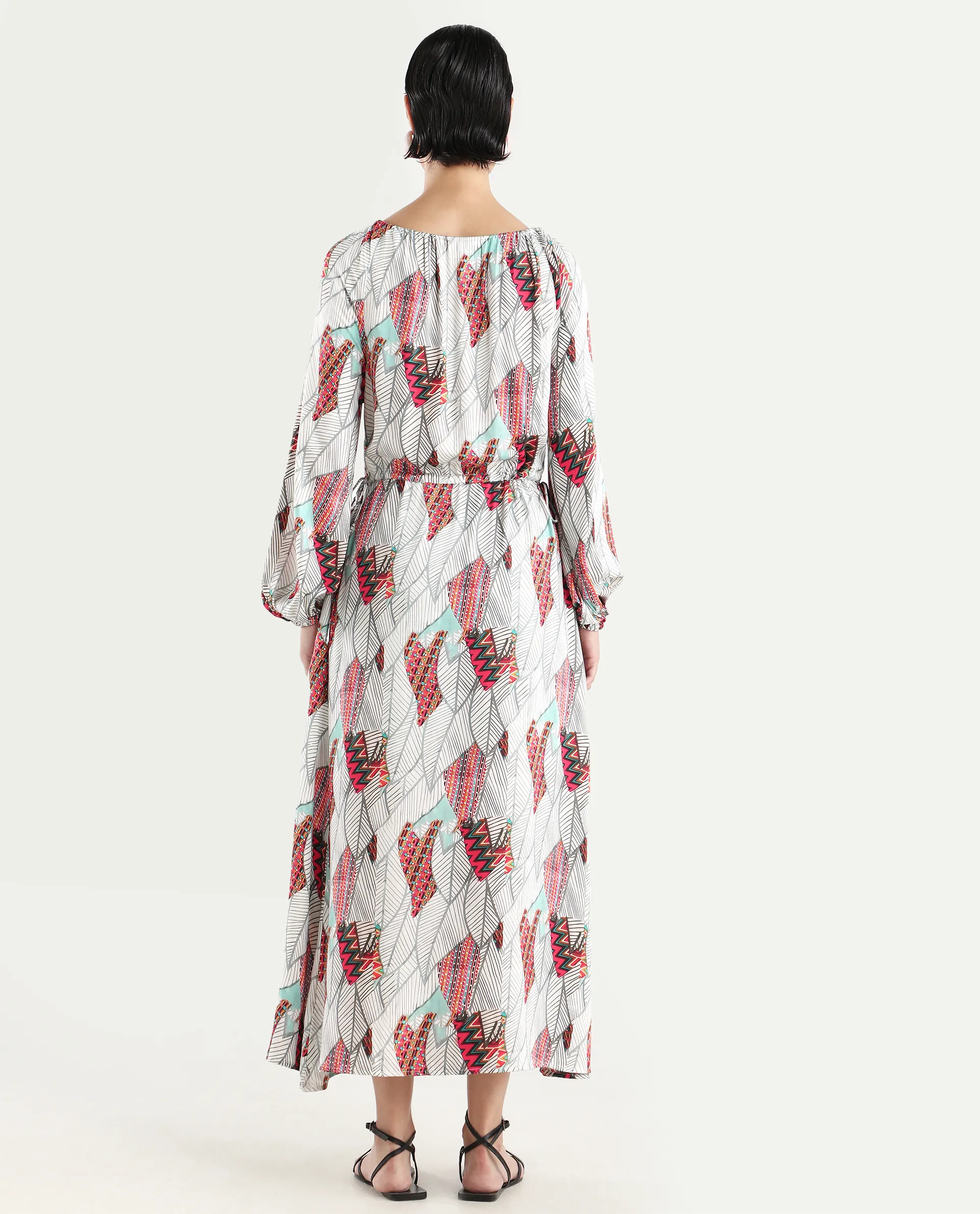 Rareism Women's Numan Multi Cotton Blend Tie-Up Neck Tropical Print Maxi Regular Fit Dress - Image 8