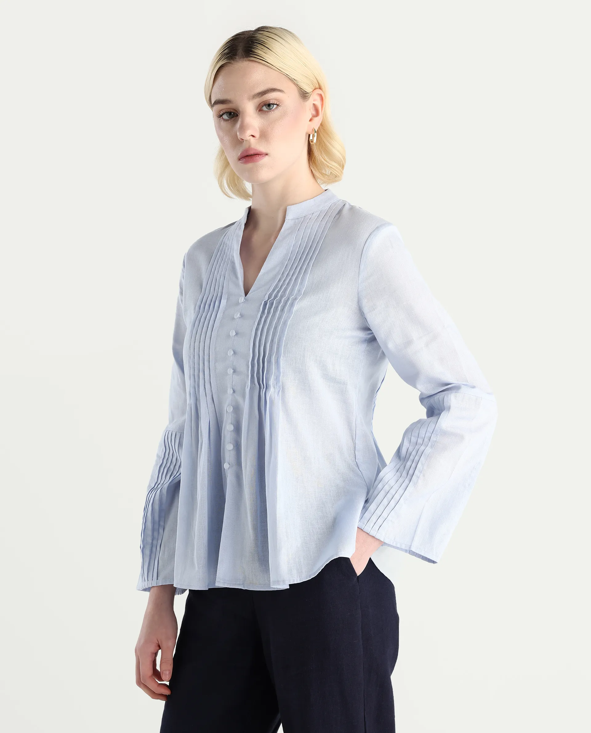 Rareism Women Nuron Blue Mandarin Collar Button Closure Relaxed Fit Plain Top