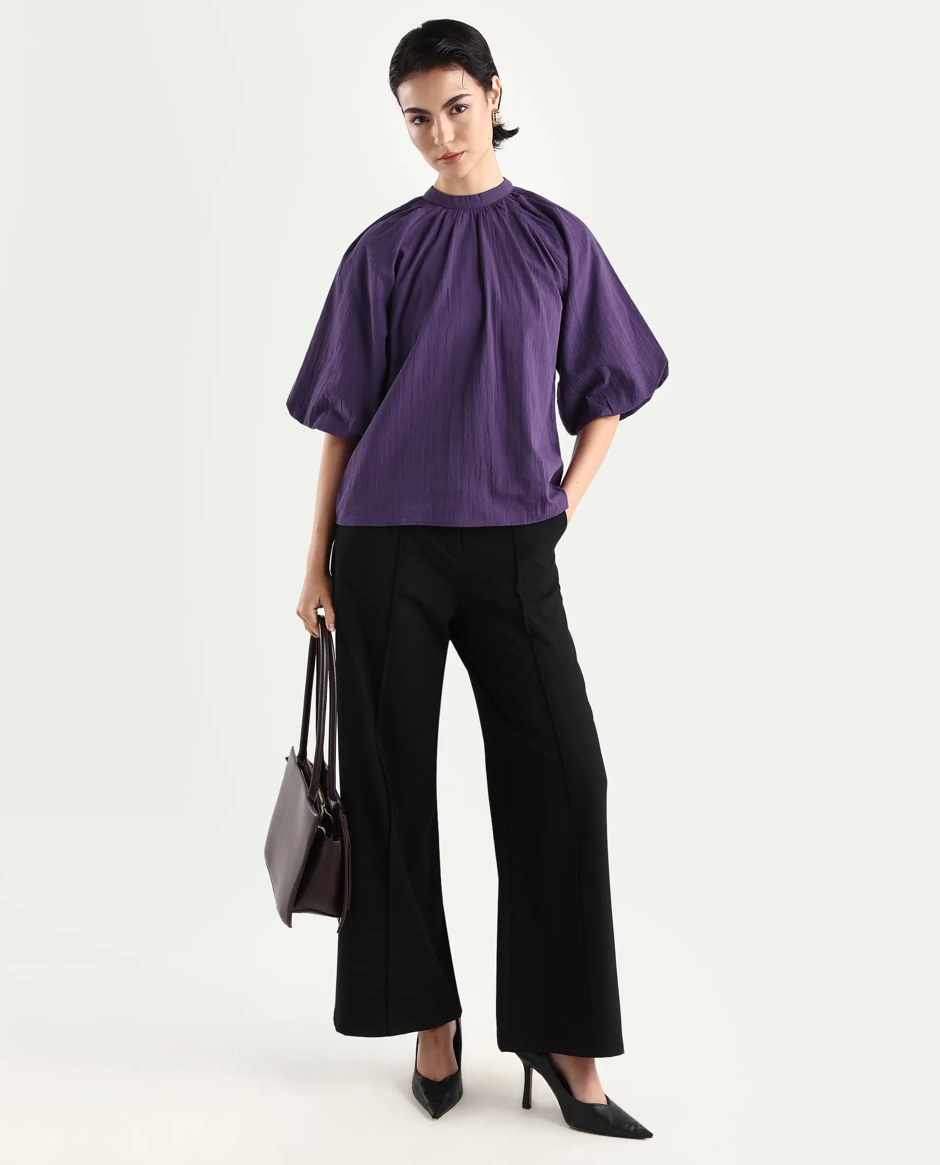 Rareism Women's Nuxo Purple Nylon Blend Half Sleeve Mandarin Collar Relaxed Fit Top - Image 2