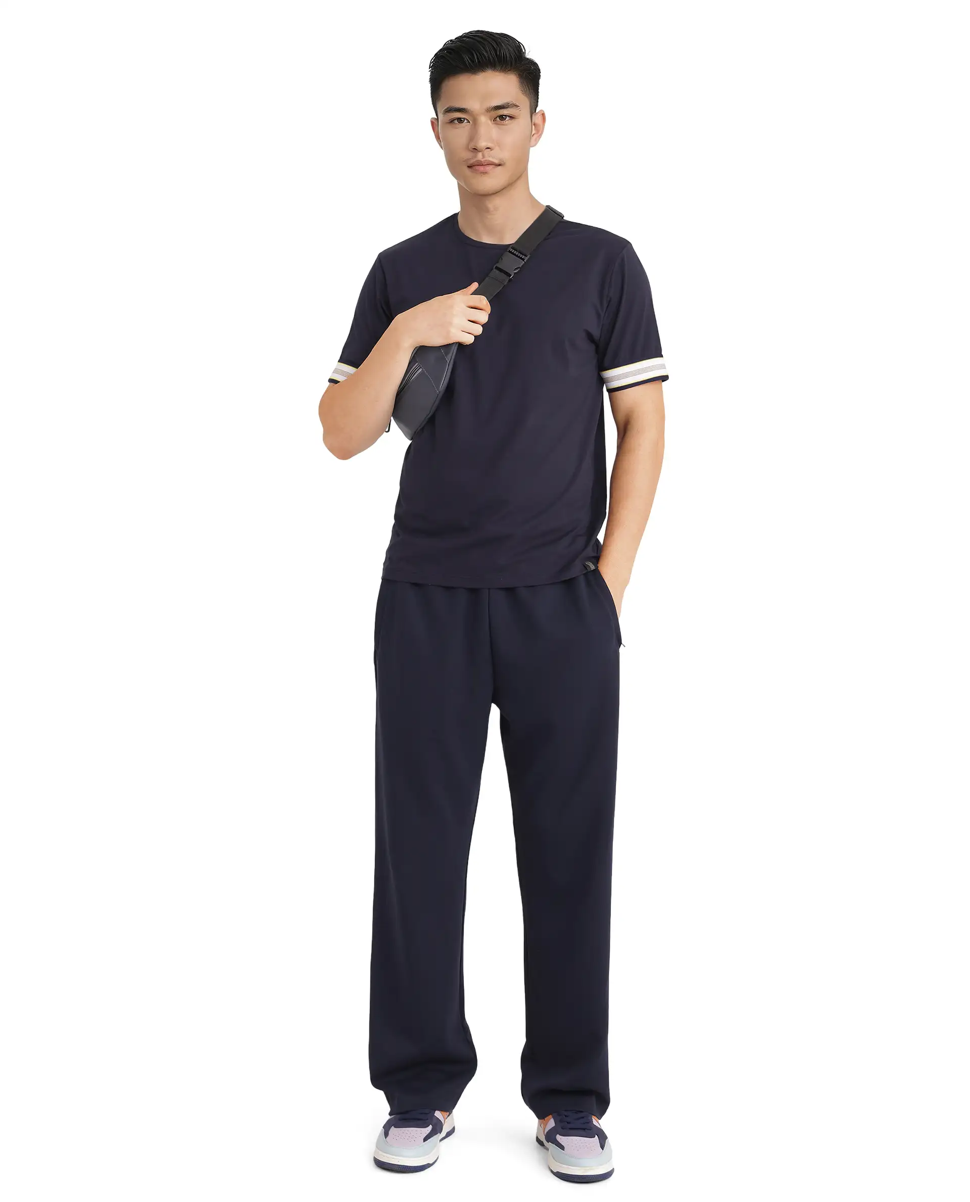 Rare Rabbit Men's Oblee Navy Cotton Plain Relaxed Fit Half Sleeve Crew Neck T-Shirt - Image 3