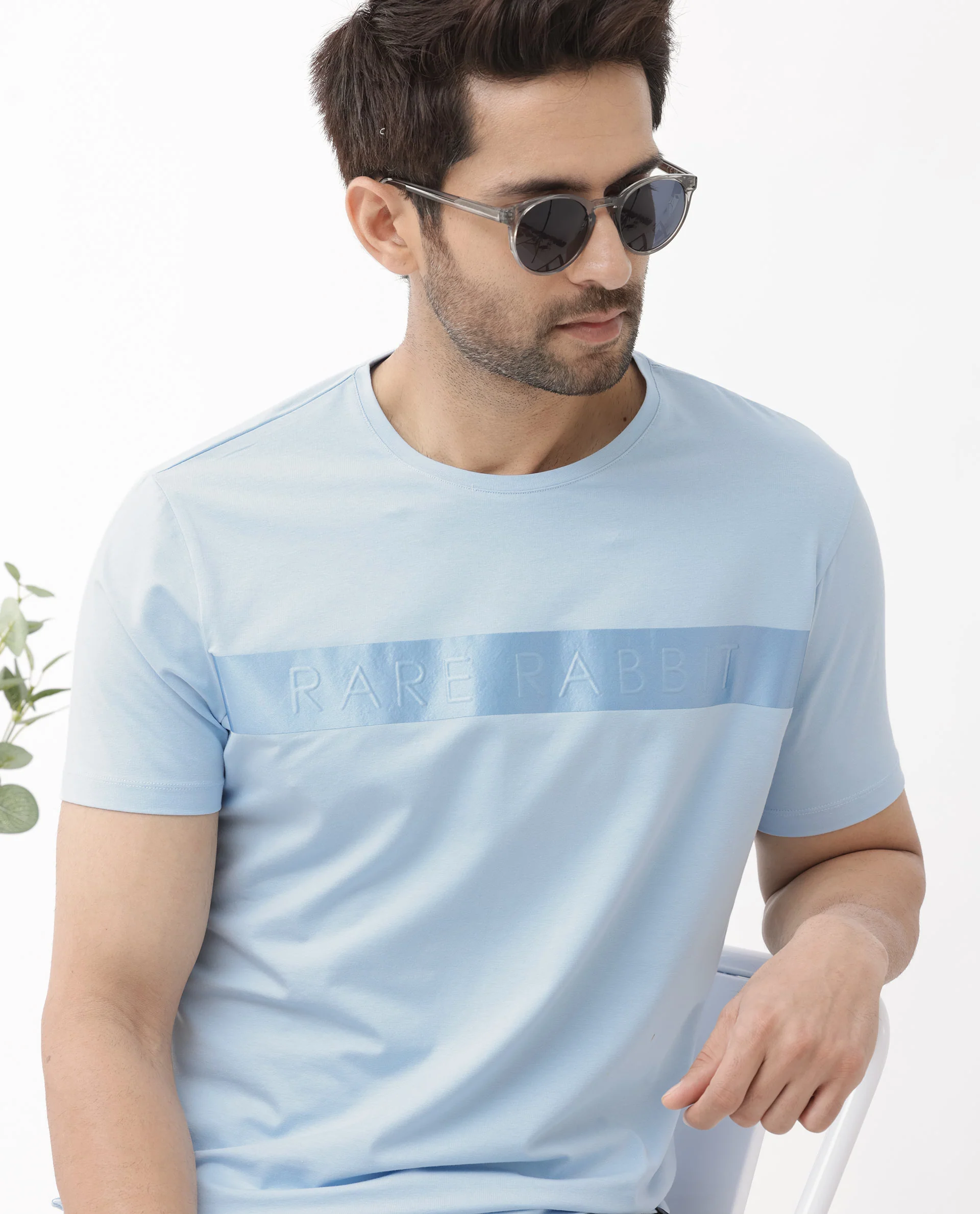 Rare Rabbit Men's Olios Light Blue Cotton Graphic Print Regular Fit Half Sleeve Crew Neck T-Shirt
