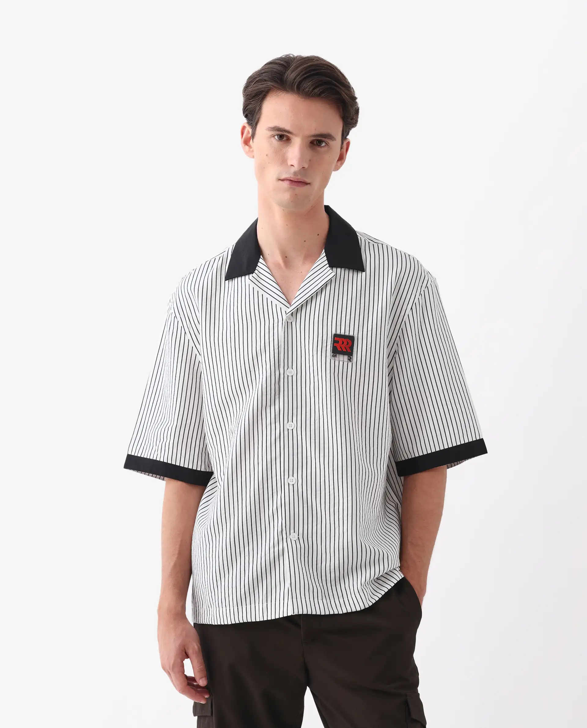 Rare Rabbit Men's Ollie White Viscose Blend Striped Print Boxy Fit Half Sleeve Cuban Collar Shirt
