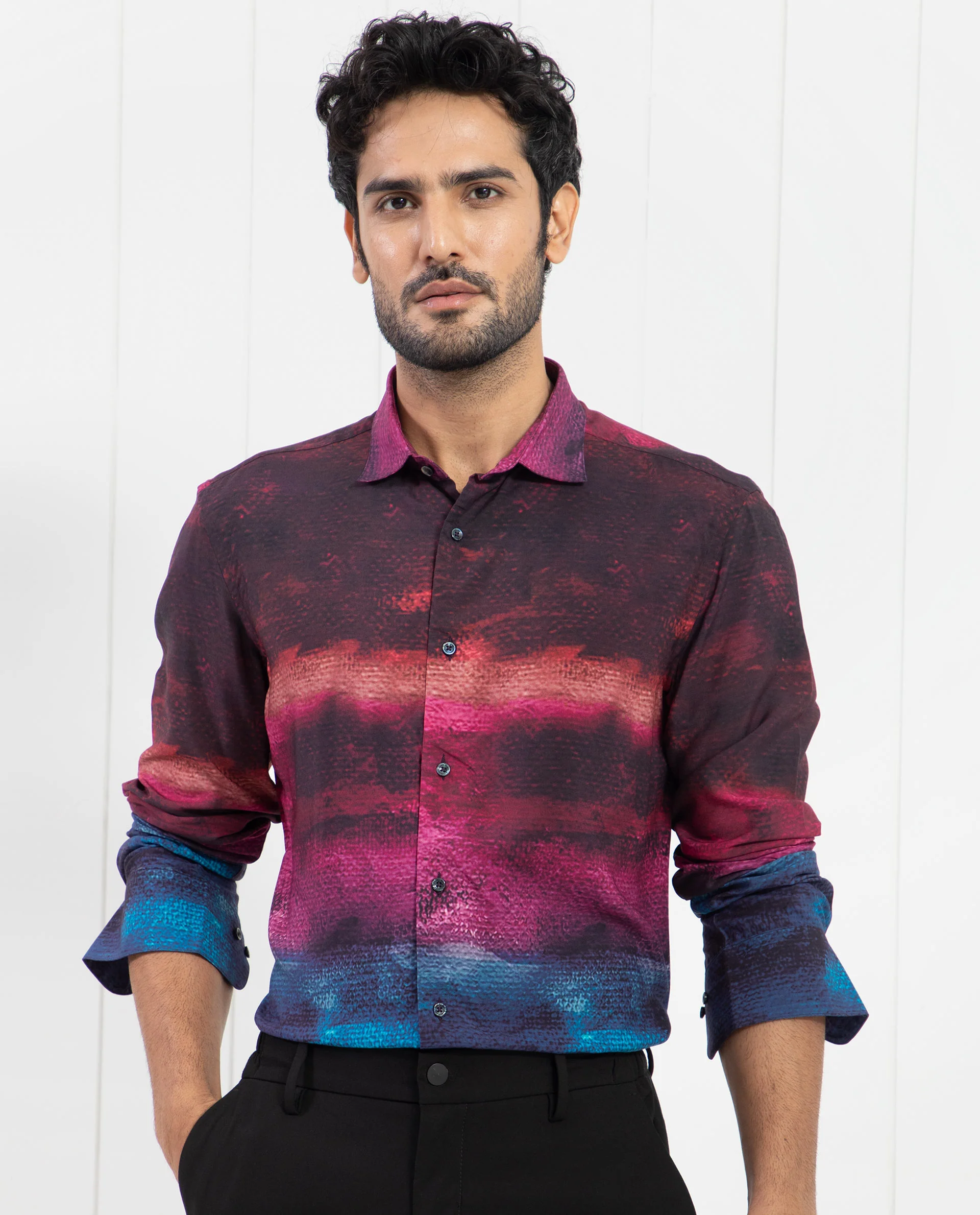 Rare Rabbit Men's Ombren Ls Black Viscose Ombre Regular Fit Full Sleeve Collared Shirt