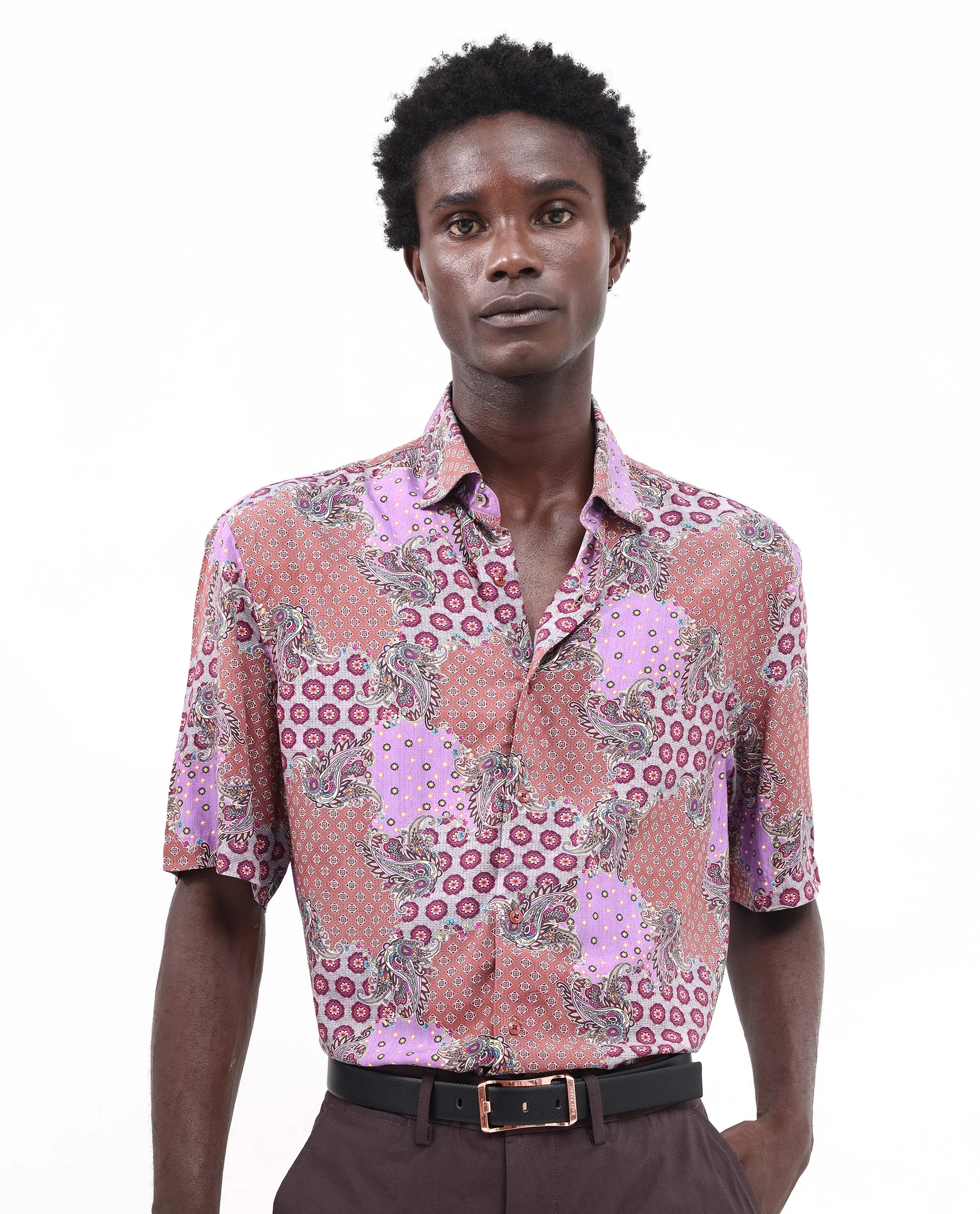 Rare Rabbit Men's Onslo Ss Brown Viscose Tropical Print Boxy Fit Half Sleeve Collared Shirt