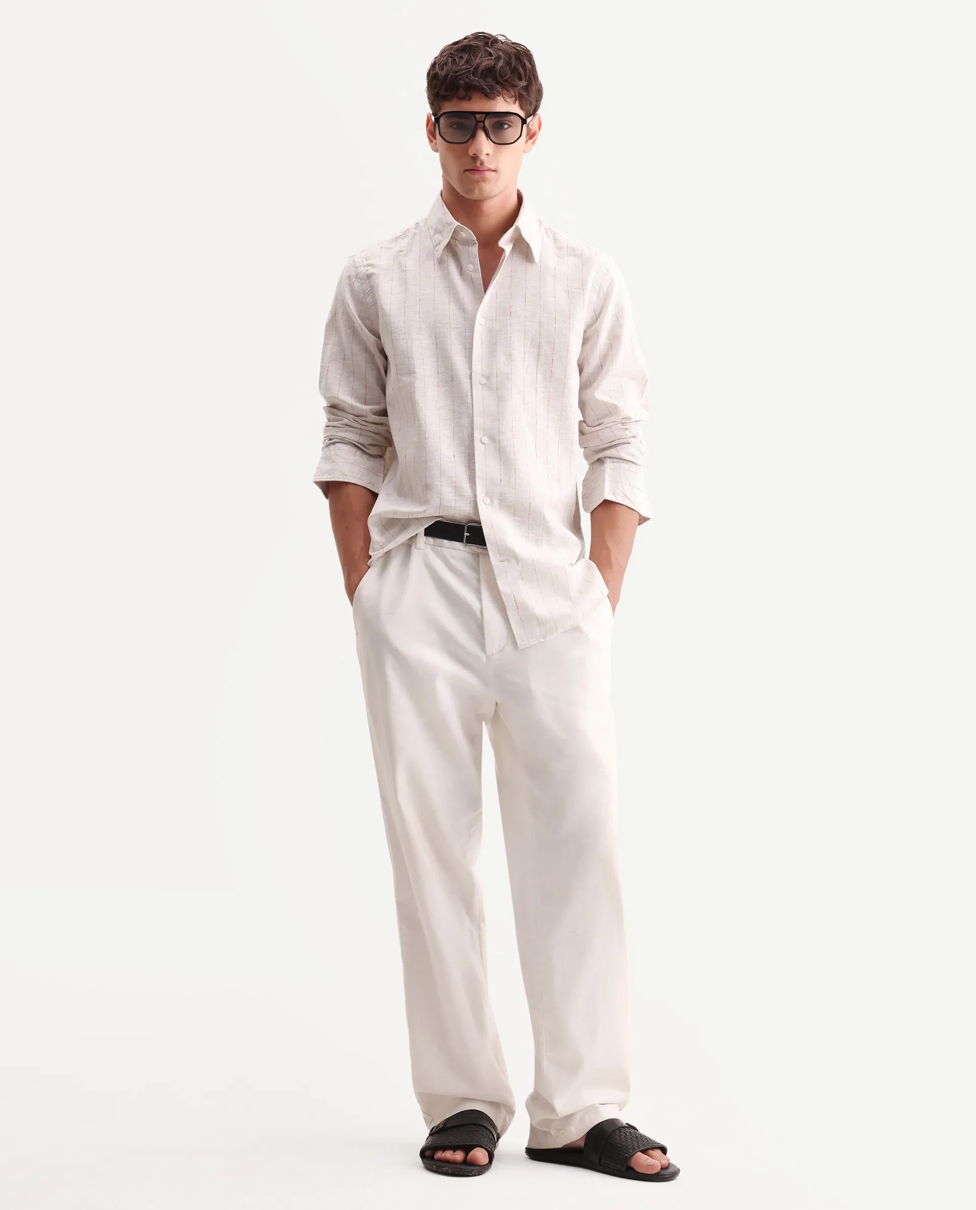 Rare Rabbit Men's Opis Off White Linen Blend Striped Print Regular Fit Full Sleeve Collared Shirt - Image 2
