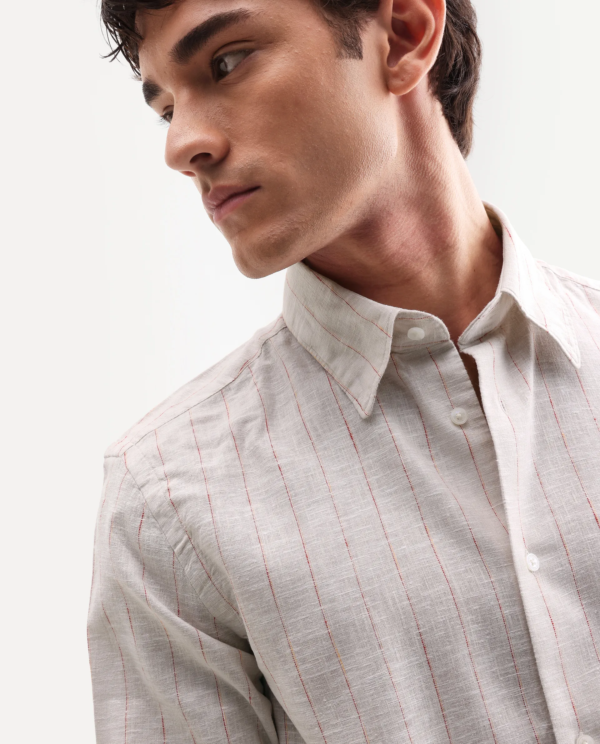 Rare Rabbit Men's Opis Off White Linen Blend Striped Print Regular Fit Full Sleeve Collared Shirt - Image 3