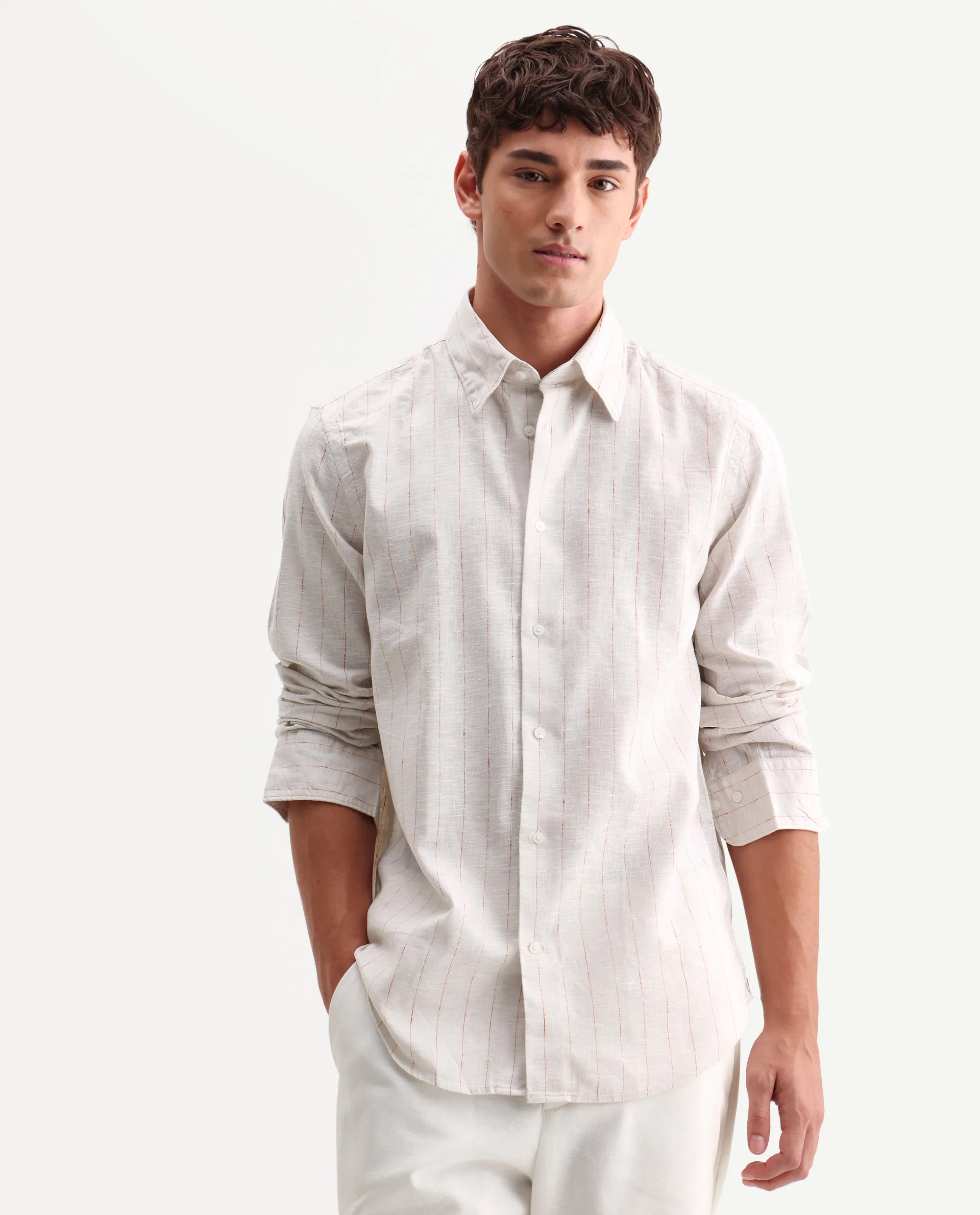 Rare Rabbit Men's Opis Off White Linen Blend Striped Print Regular Fit Full Sleeve Collared Shirt - Image 4