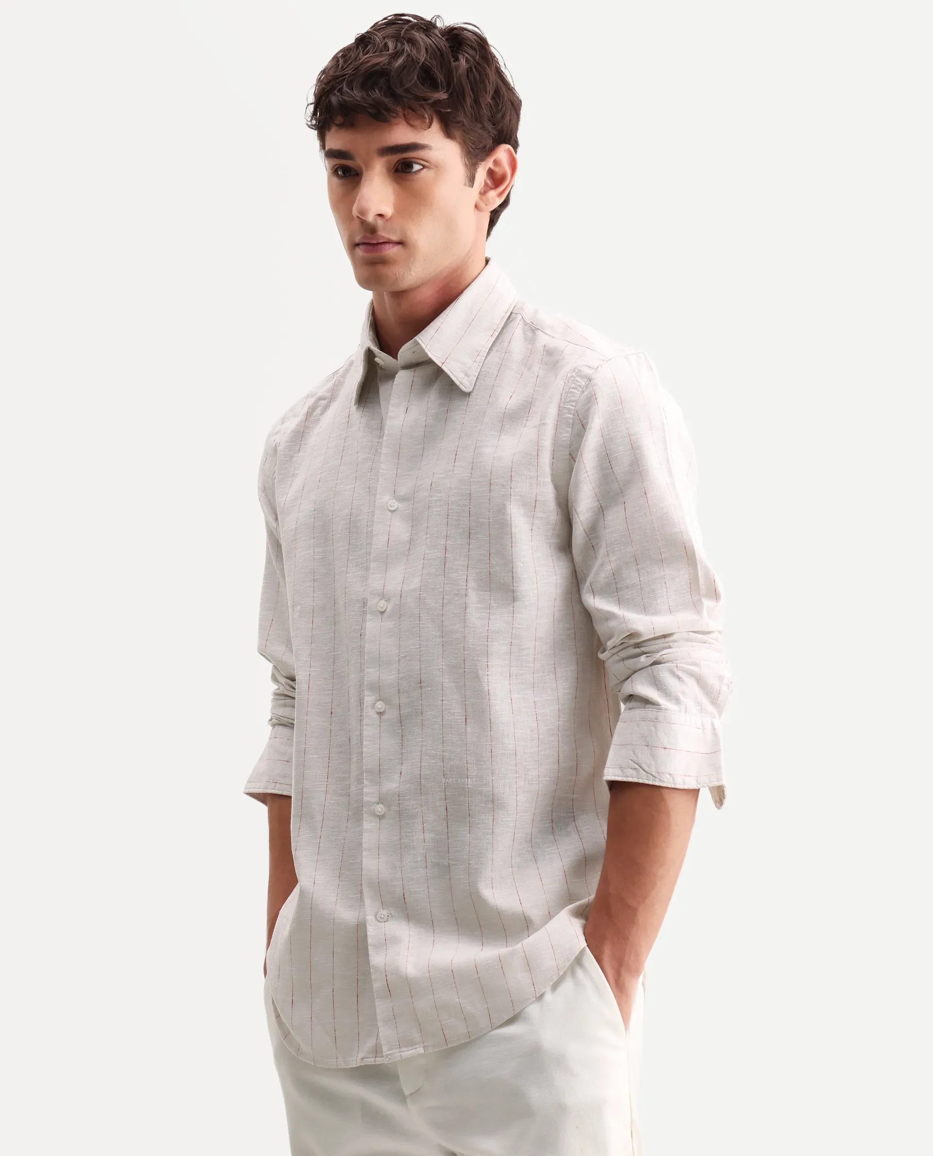 Rare Rabbit Men's Opis Off White Linen Blend Striped Print Regular Fit Full Sleeve Collared Shirt - Image 5