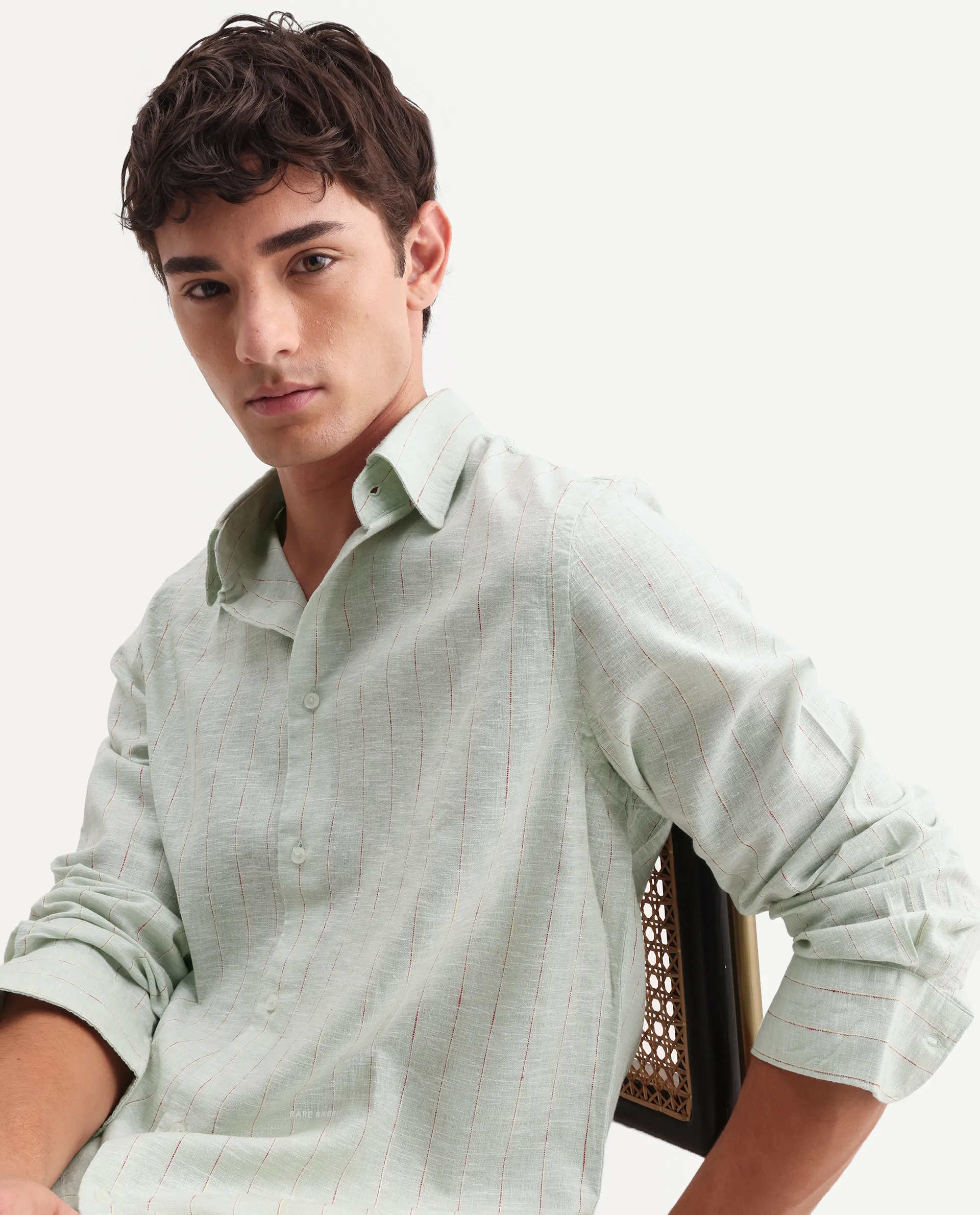 Rare Rabbit Men's Opis Sage Linen Blend Striped Print Regular Fit Full Sleeve Collared Shirt