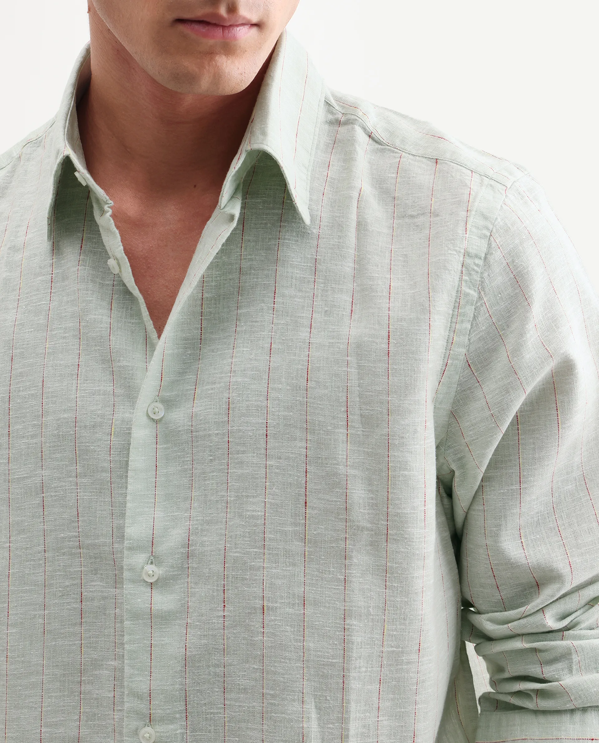 Rare Rabbit Men's Opis Sage Linen Blend Striped Print Regular Fit Full Sleeve Collared Shirt - Image 3