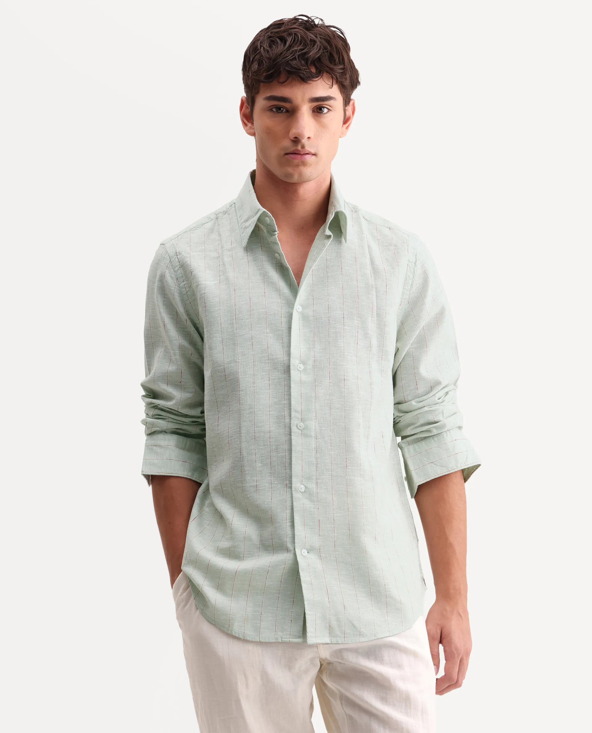 Rare Rabbit Men's Opis Sage Linen Blend Striped Print Regular Fit Full Sleeve Collared Shirt - Image 4