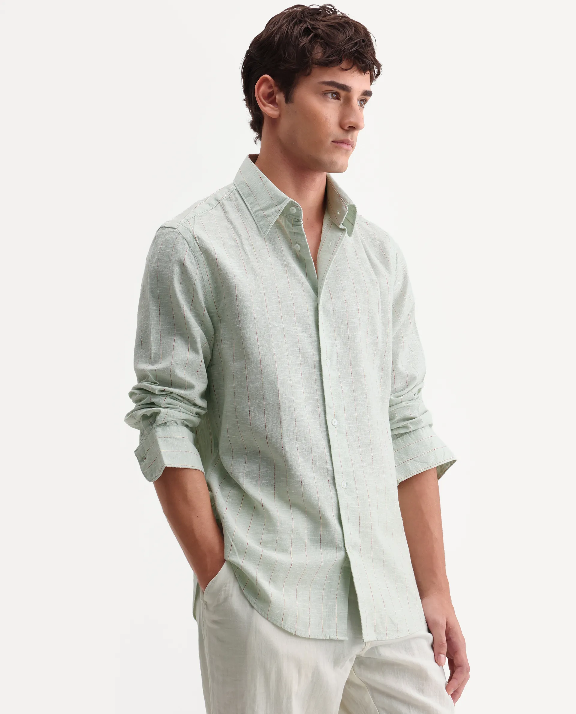 Rare Rabbit Men's Opis Sage Linen Blend Striped Print Regular Fit Full Sleeve Collared Shirt - Image 5