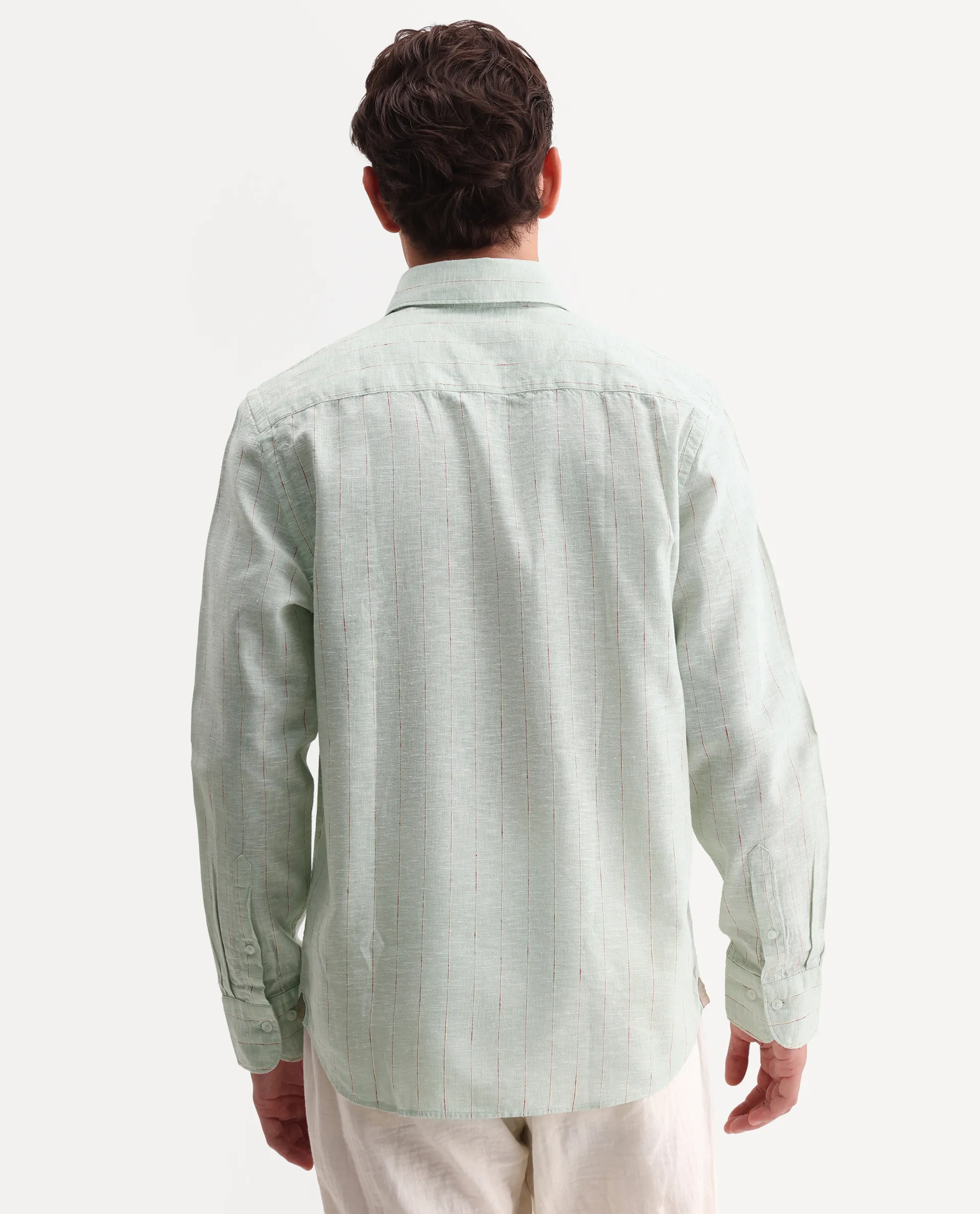 Rare Rabbit Men's Opis Sage Linen Blend Striped Print Regular Fit Full Sleeve Collared Shirt - Image 6