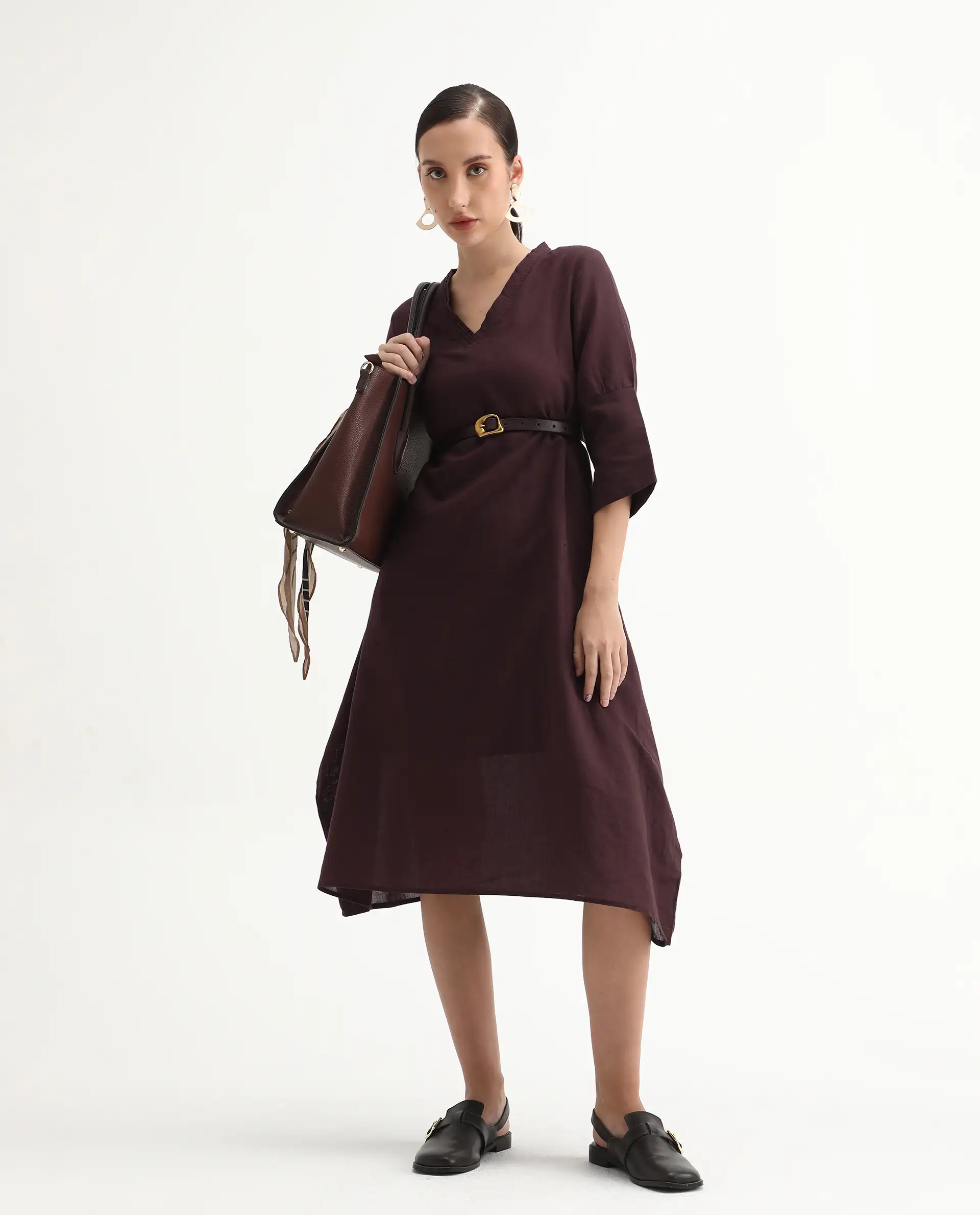Rareism Women's Orie Brown Linen V-Neck Plain Midi Relaxed Fit Dress