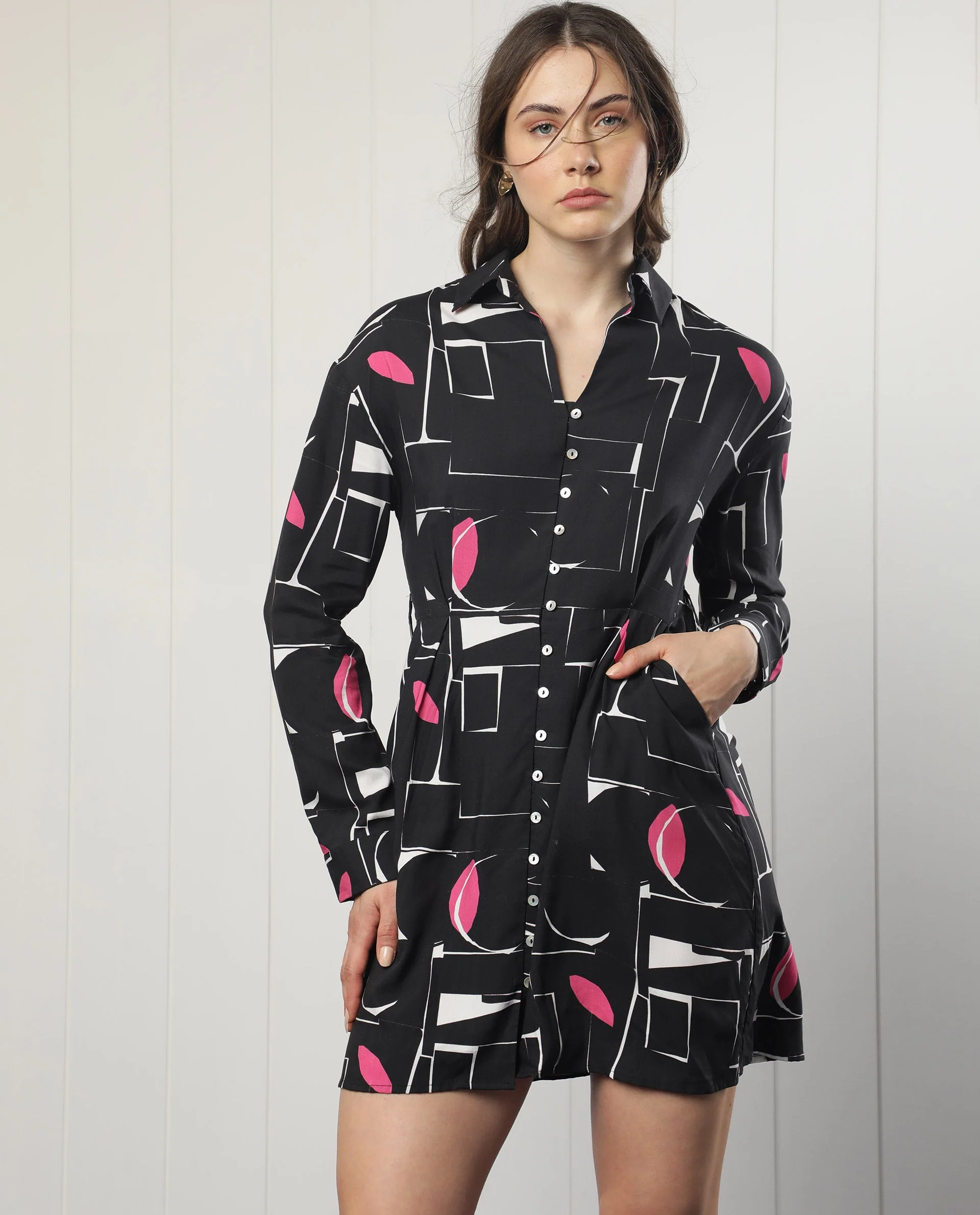 Rareism Women's Ortiz Black Cotton Drop Collar Abstract Print Mini Regular Fit Dress