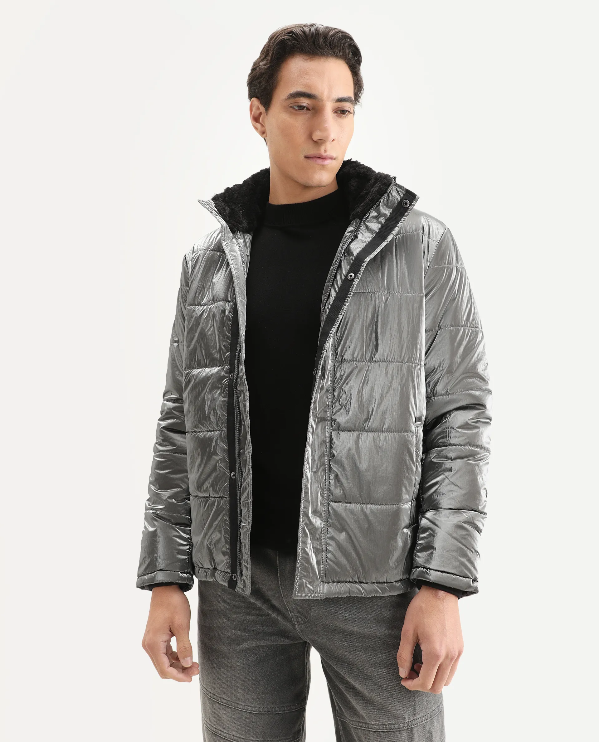 Rare Rabbit Men's Osad Dark Grey Polyester Plain Relaxed Fit Full Sleeve Hooded Jacket