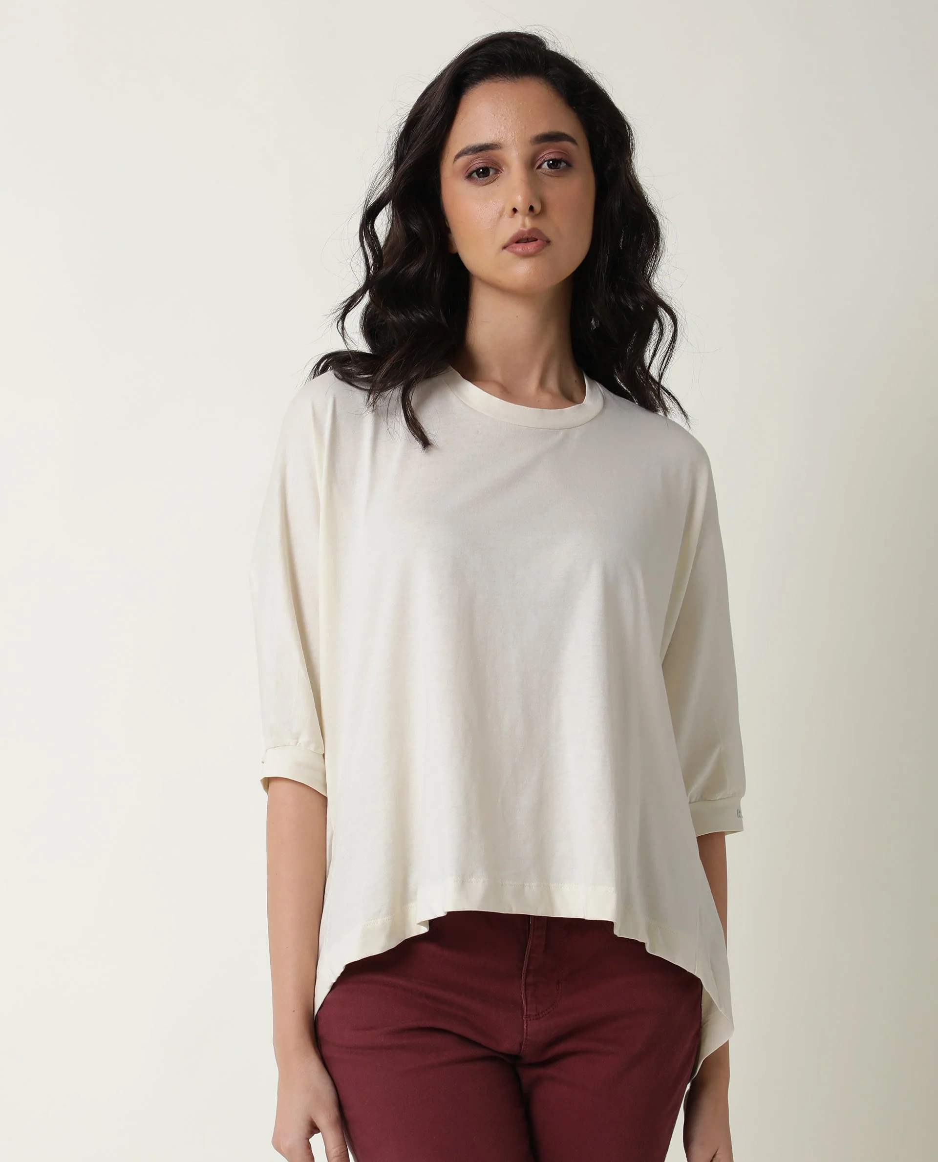 Rareism Women's Osmo Offwhite Cotton Crew Neck Plain Relaxed Fit Top