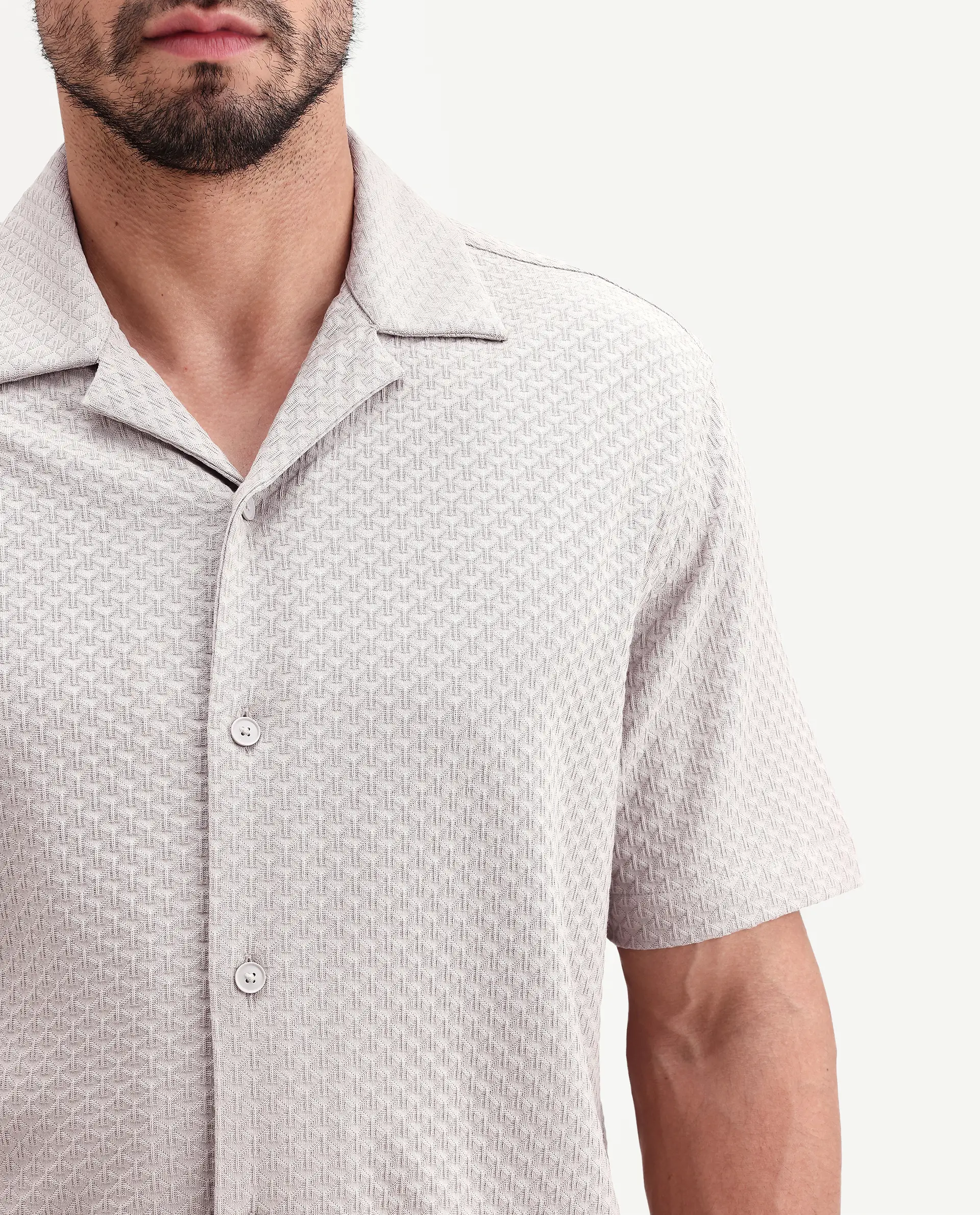 Rare Rabbit Men's Otis Light Grey Viscose Fabric Half Sleeve Cuban Collar Regular Textured Shirt - Image 3