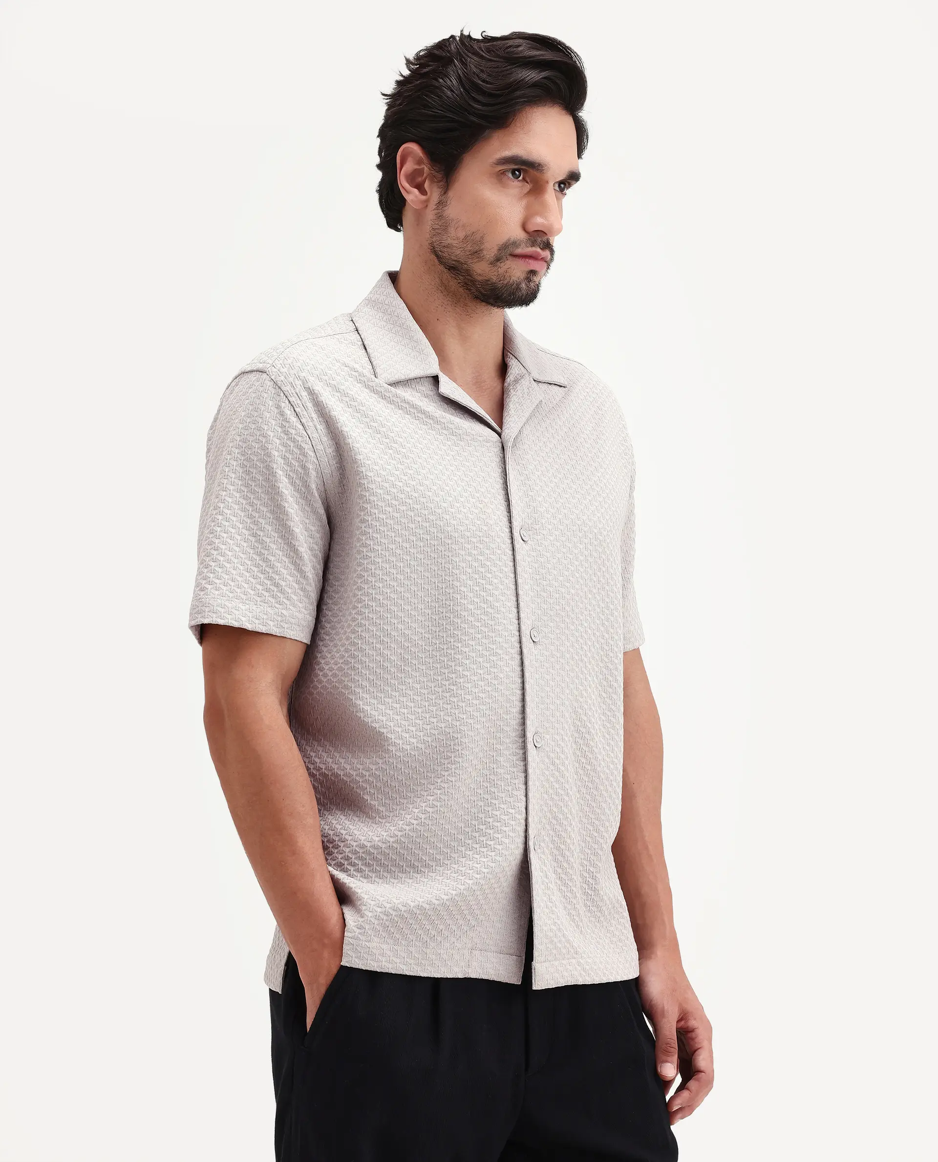 Rare Rabbit Men's Otis Light Grey Viscose Fabric Half Sleeve Cuban Collar Regular Textured Shirt - Image 6
