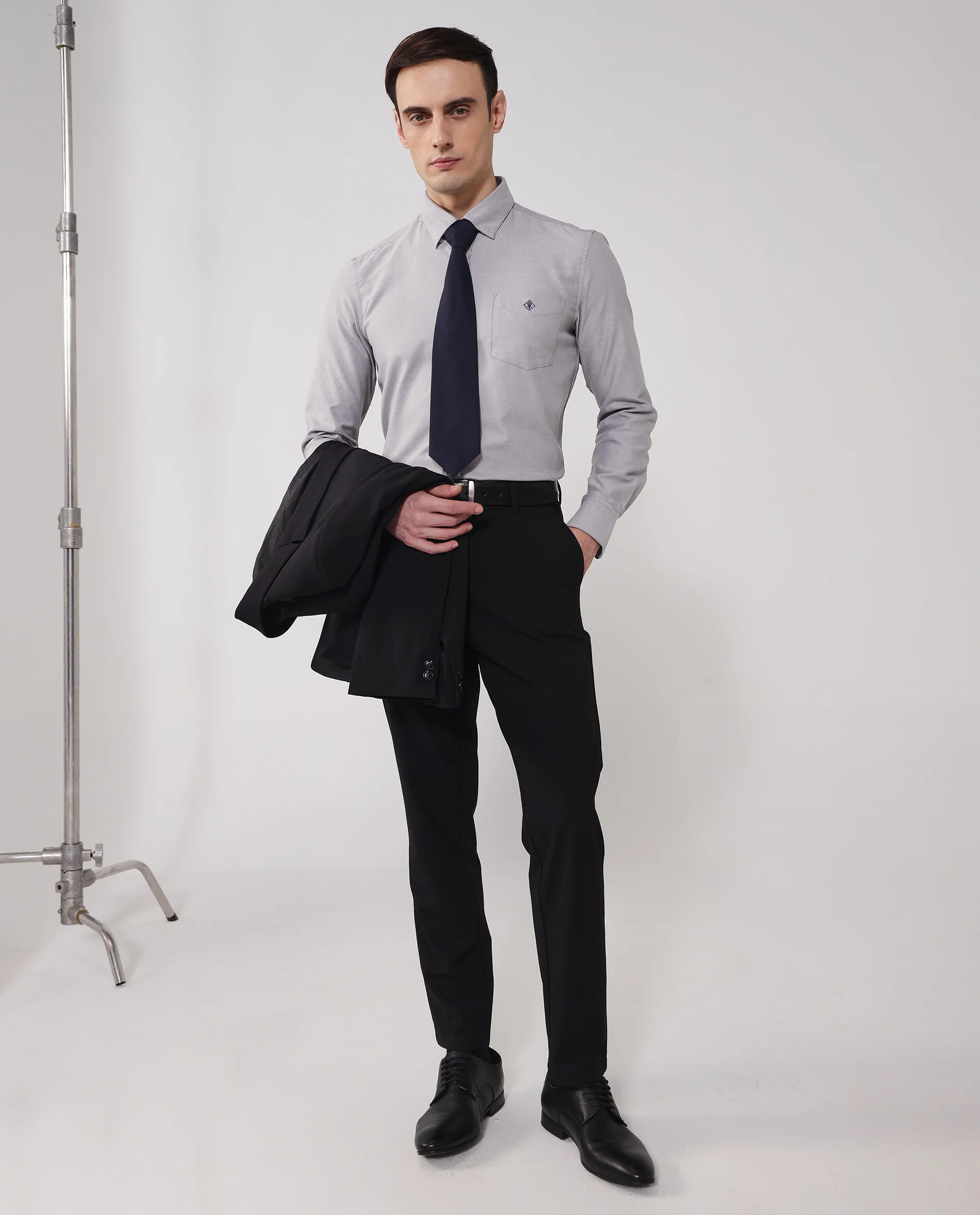 Rare Rabbit Men's Oxfom Grey Cotton Embroidered Regular Fit Full Sleeve Collared Shirt