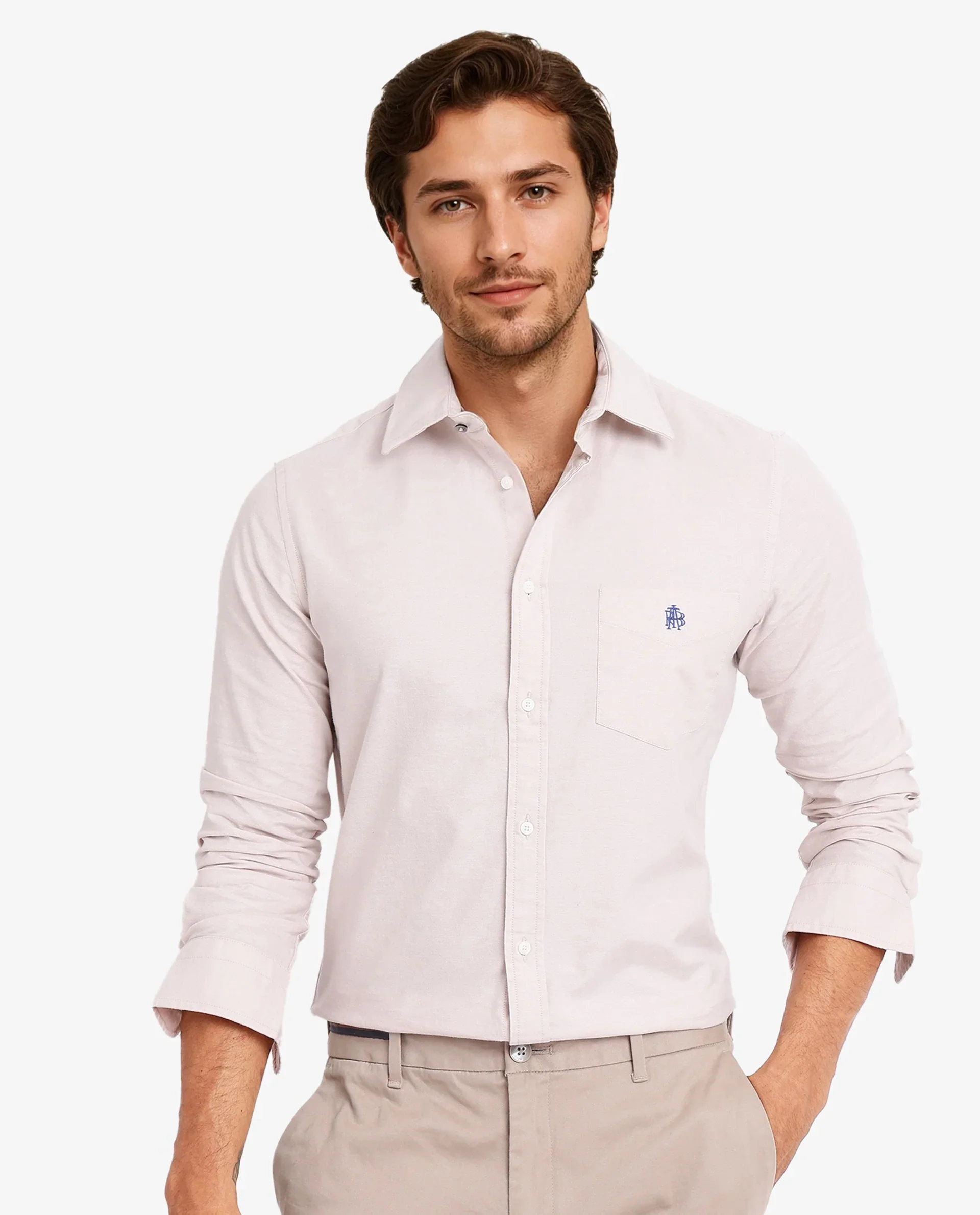 Rare Rabbit Men's Oxo Beige Cotton Blend Embroidered Regular Fit Full Sleeve Collared Shirt