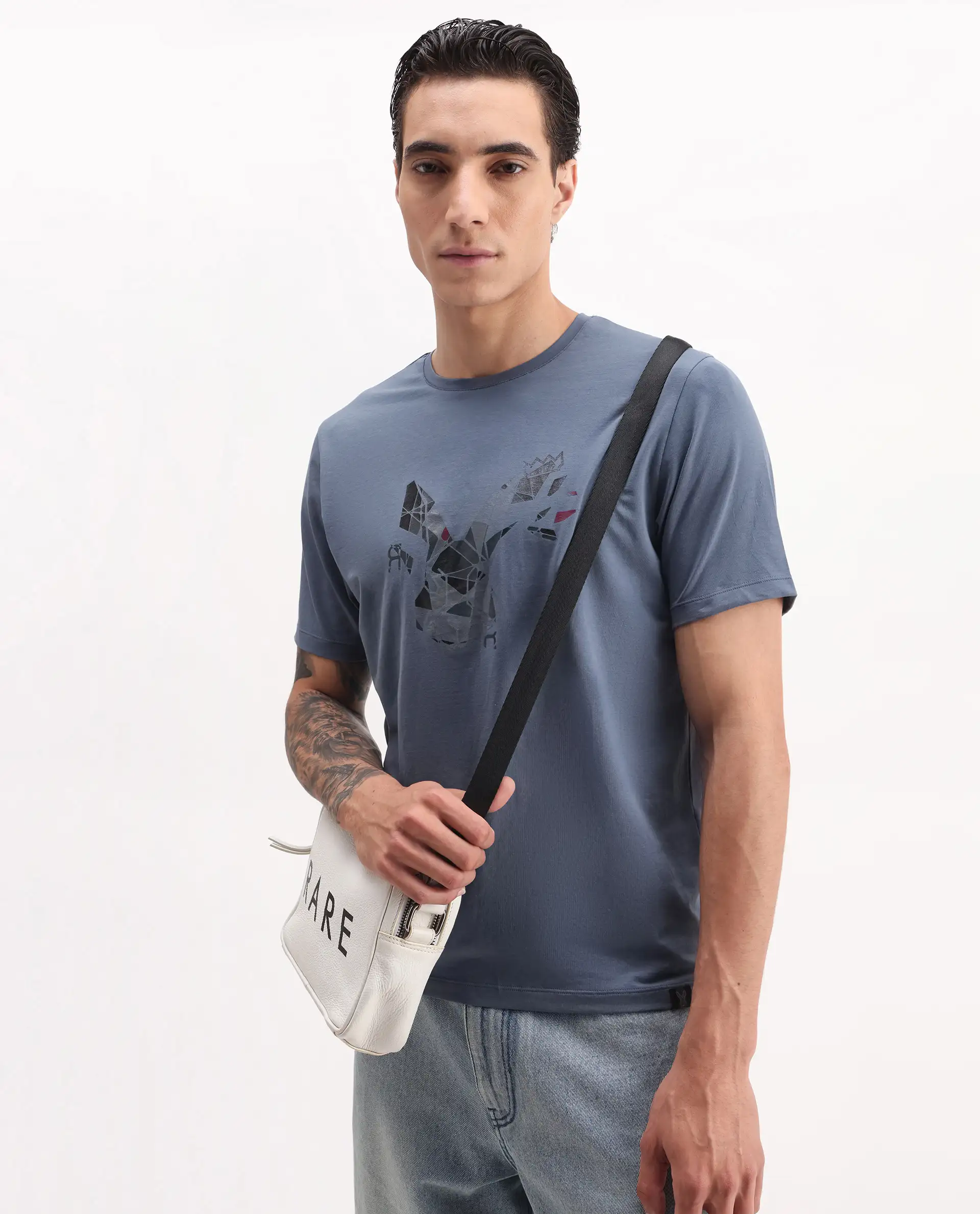 Rare Rabbit Men's Ozan Dusky Blue Cotton Blend Graphic Print Regular Fit Half Sleeve Crew Neck T-Shirt