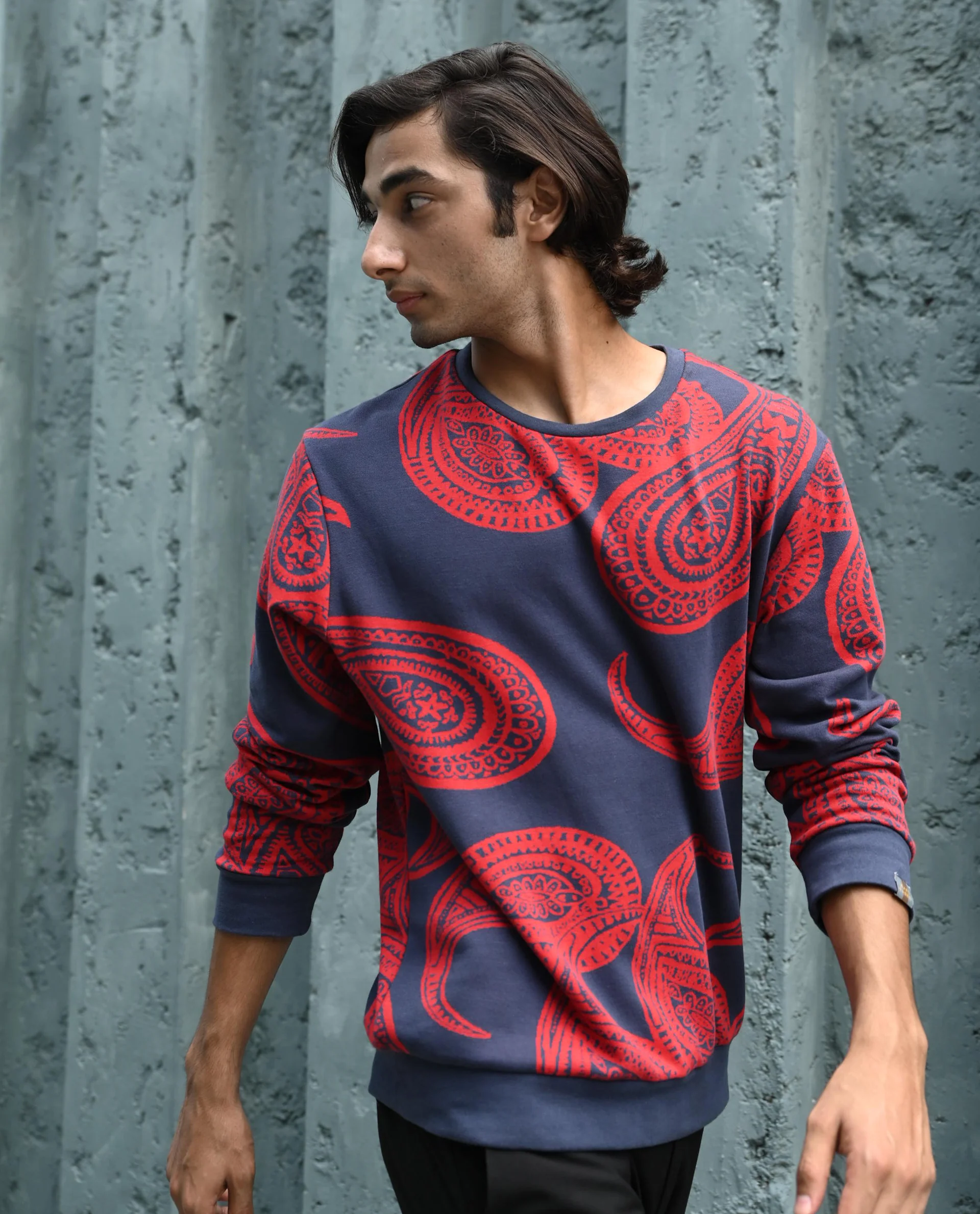 Rare Rabbit Men's Paiza Dusky Blue Cotton Paisley Print Relaxed Fit Full Sleeve Crew Neck Sweatshirt
