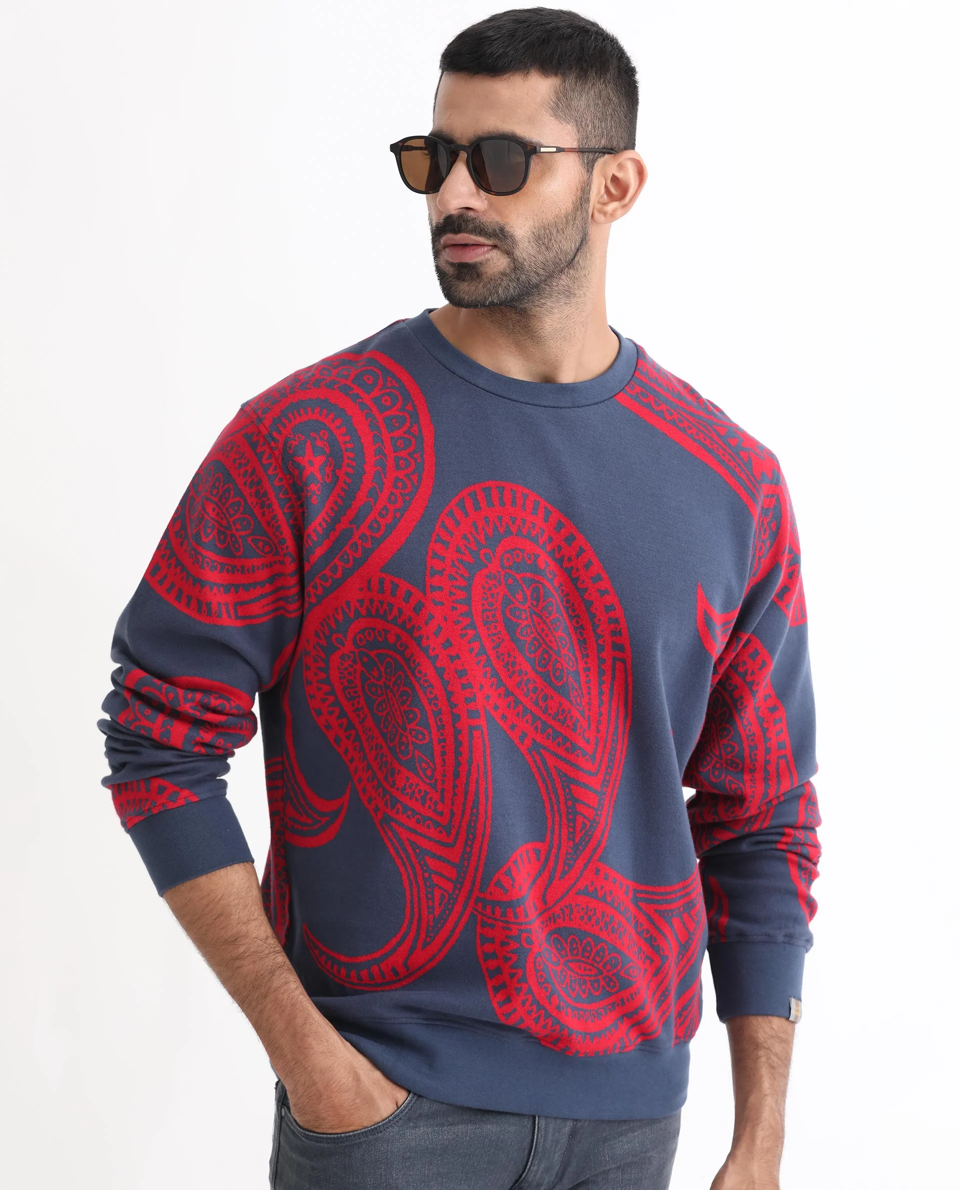 Rare Rabbit Men's Paiza Dusky Blue Cotton Paisley Print Relaxed Fit Full Sleeve Crew Neck Sweatshirt - Image 2