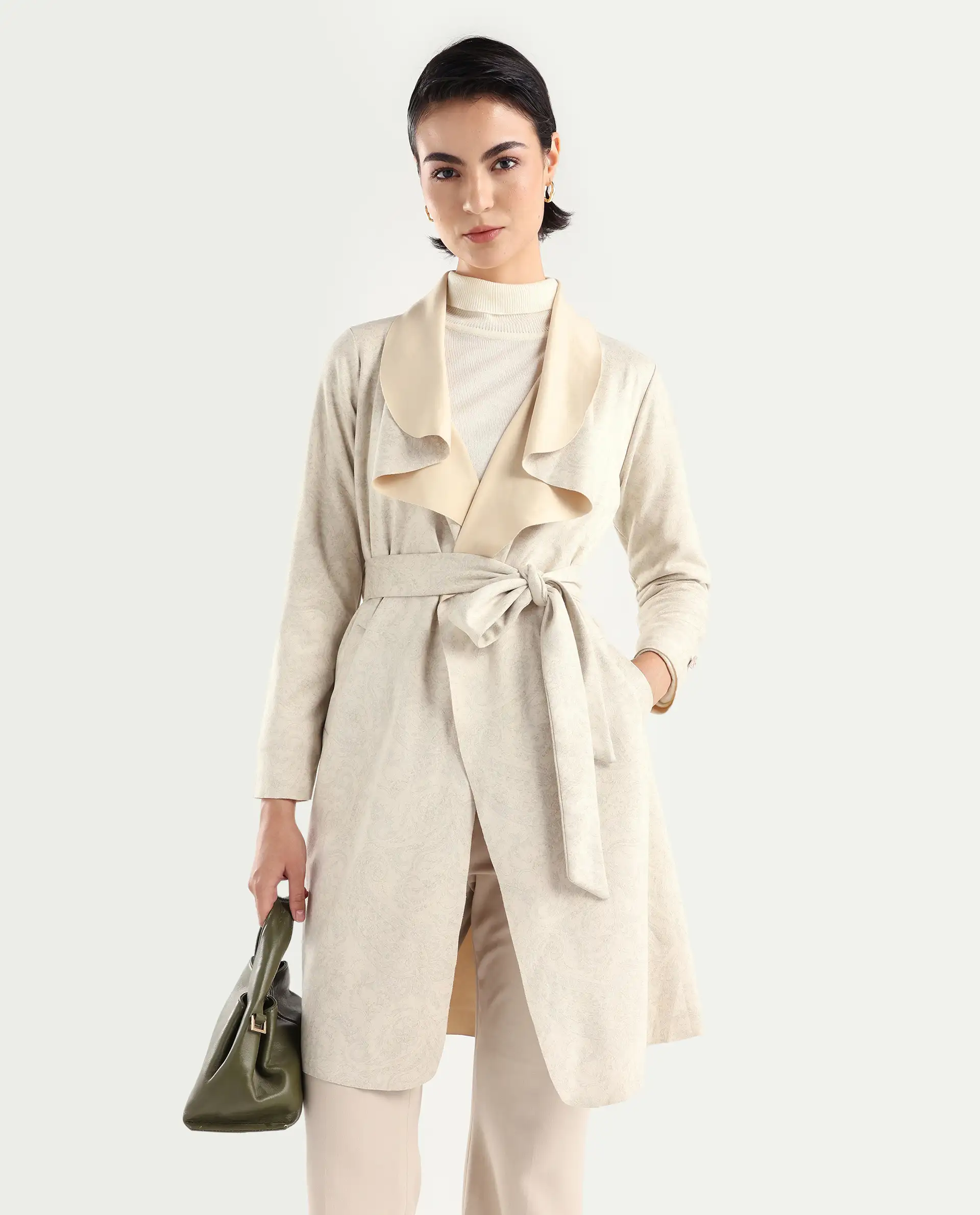 Rareism Women's Palmer 1 Beige Polyester Cutaway Collar Plain Knee Length Relaxed Fit Jacket
