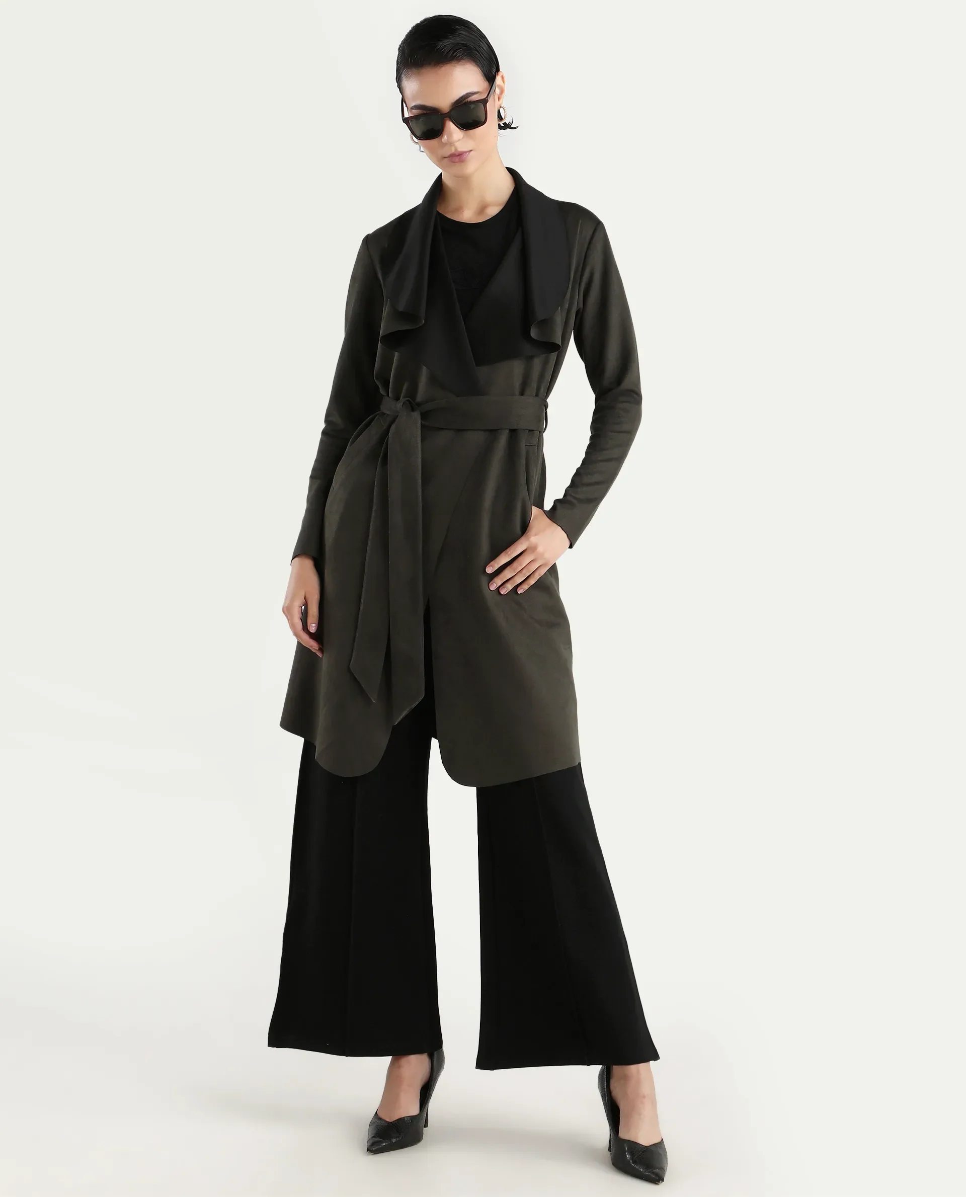 Rareism Women's Palmer 2 Olive Suede Waterfall Neck Plain Midi Boxy Fit Jacket