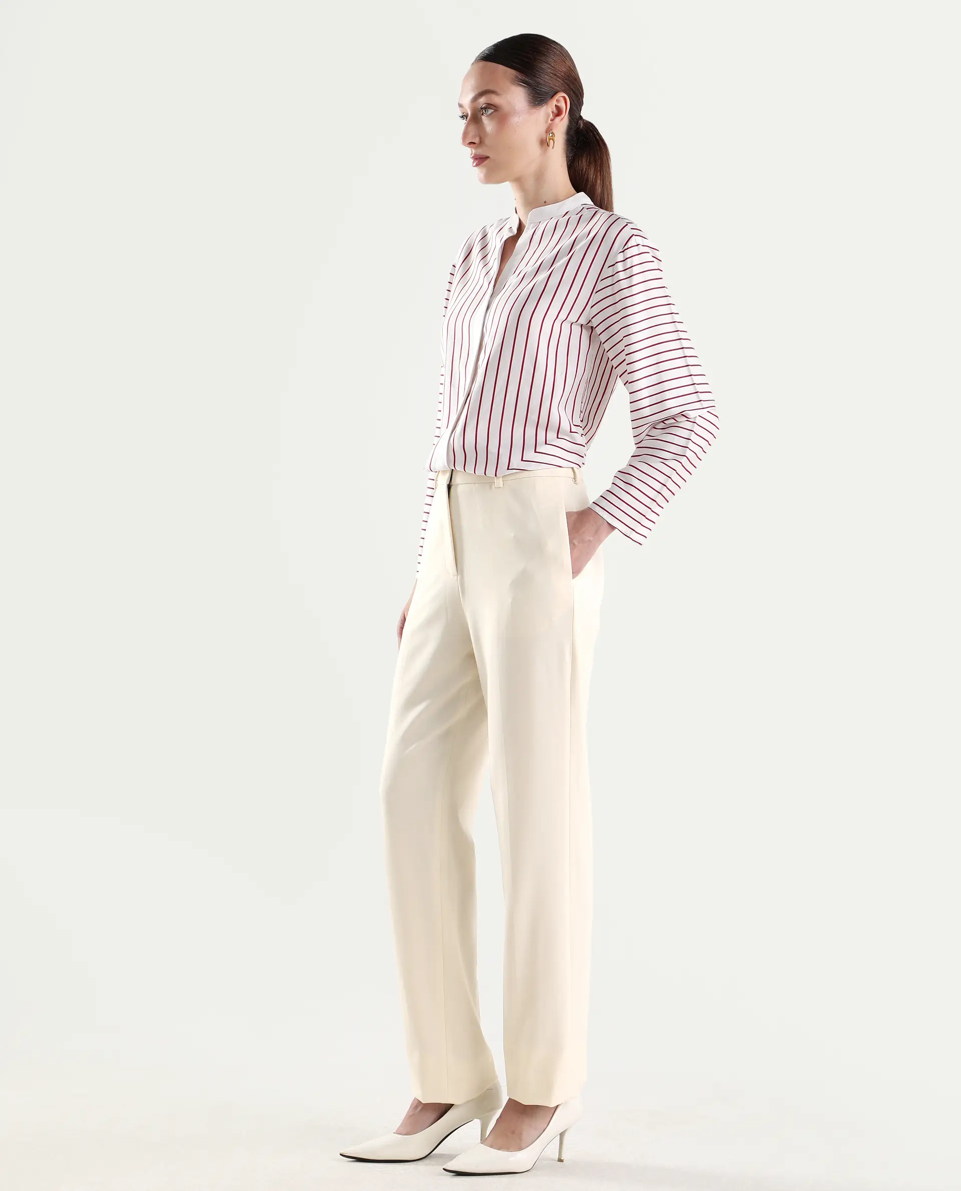 Rareism Women's Paper Off White Viscose Lycra Tapered Plain Trouser - Image 5