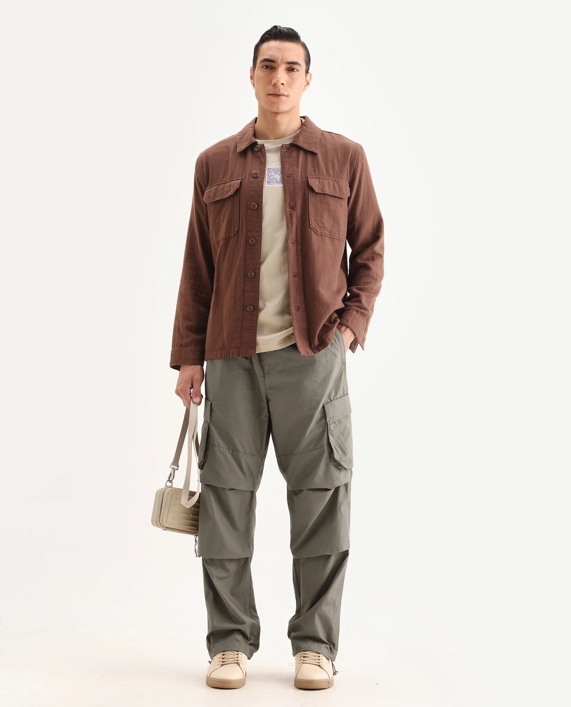 Rare Rabbit Men's Parc Dusky Olive Cotton Plain Regular Fit Trouser