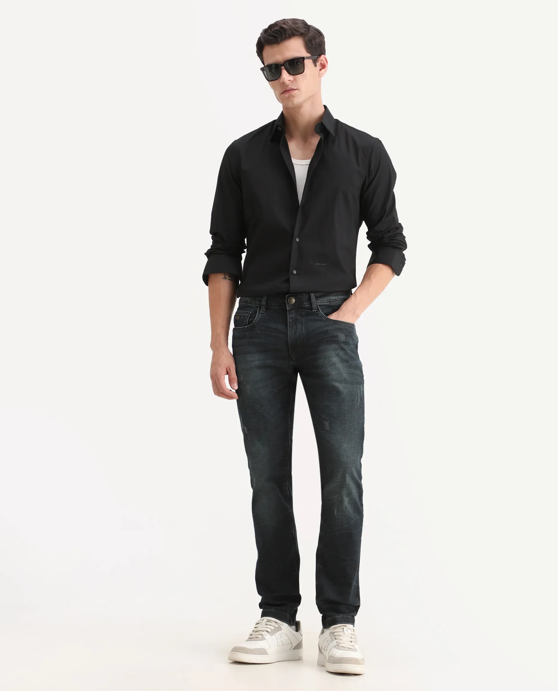Rare Rabbit Men's Parle-1 Dark Blue Cotton Blend Fabric Hawk Slim Plain Jeans