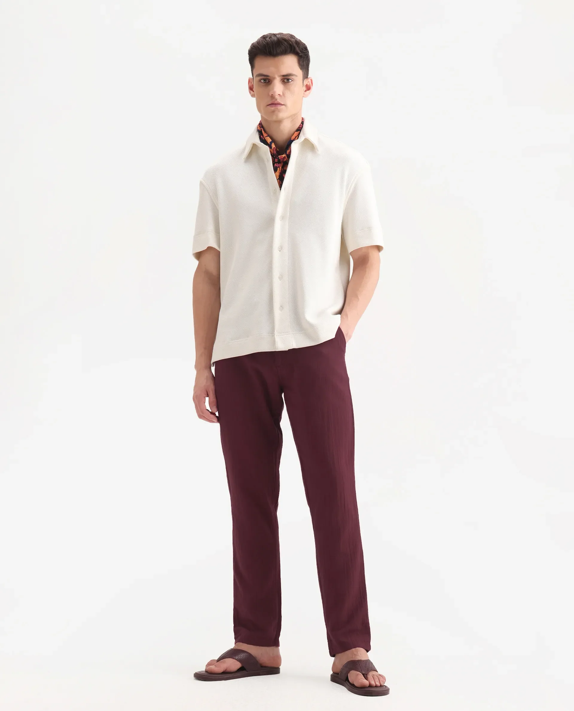 Rare Rabbit Men's Pastor-3 Dark Maroon Cotton Plain Regular Fit Trouser