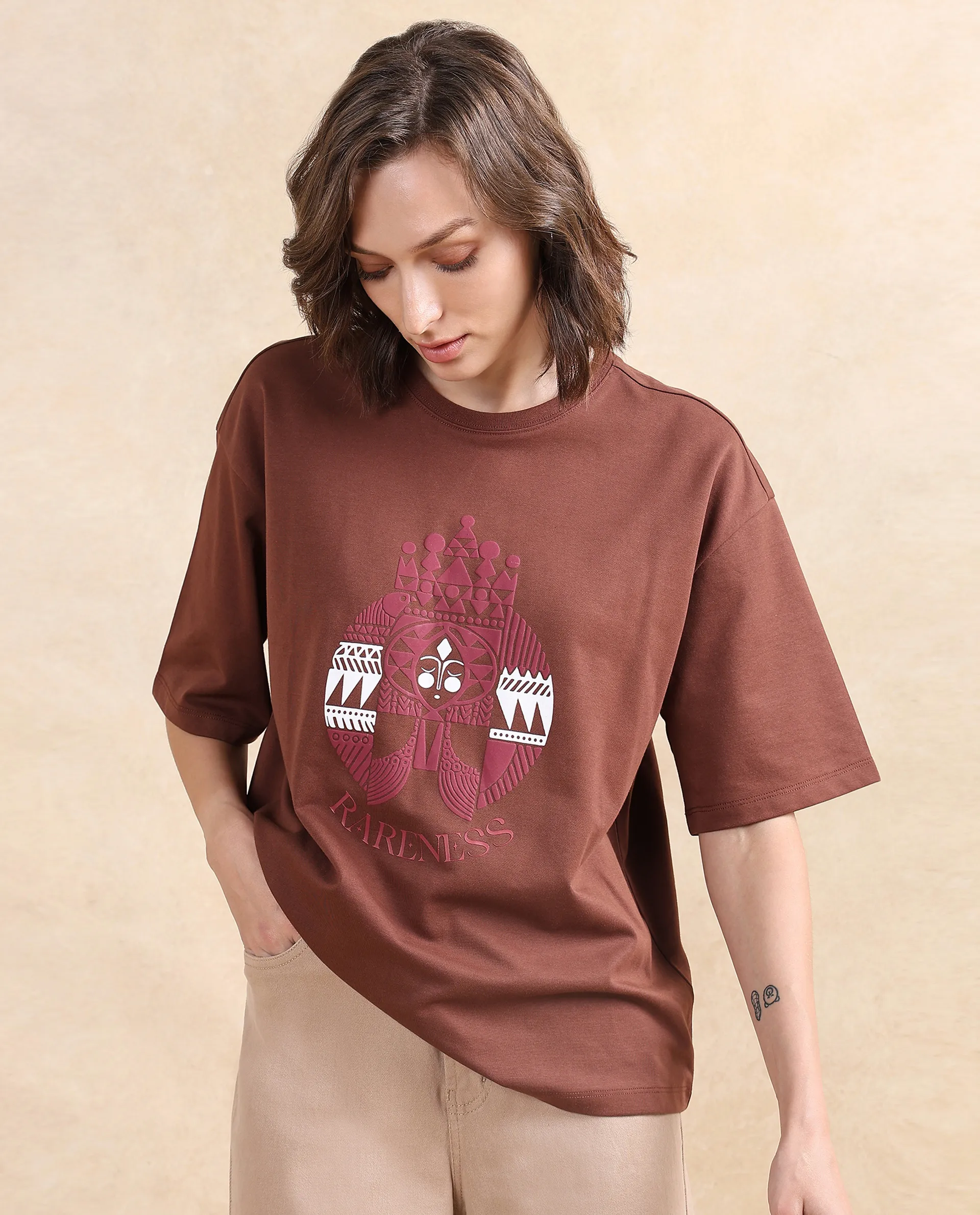 Rareism Women's Patch Brown Cotton Blend Crew Neck Graphic Print Oversized T-Shirt
