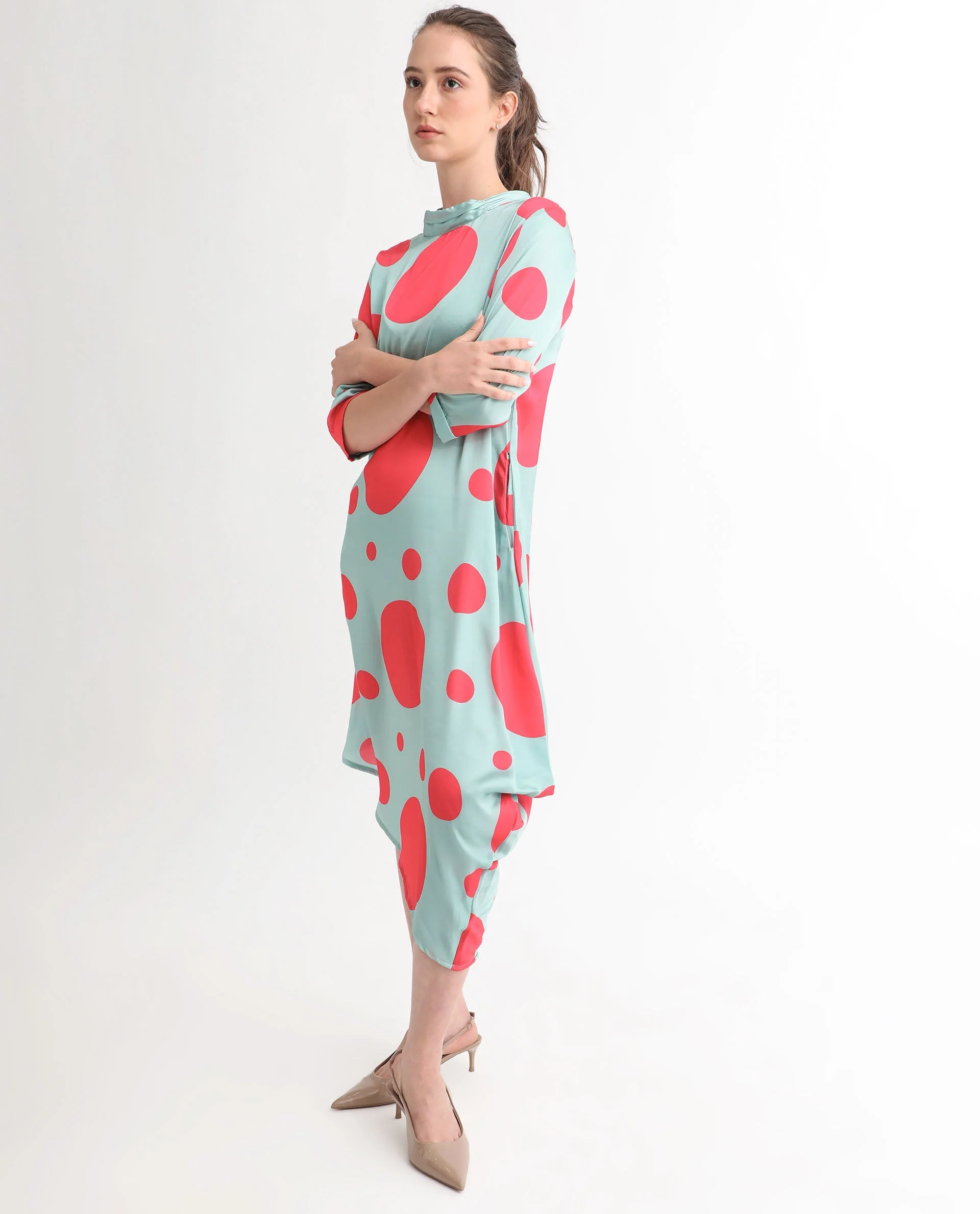 Rareism Women's Paterson Light Turq Polyester High Neck Polka Print Knee Length Slim Fit Dress - Image 6