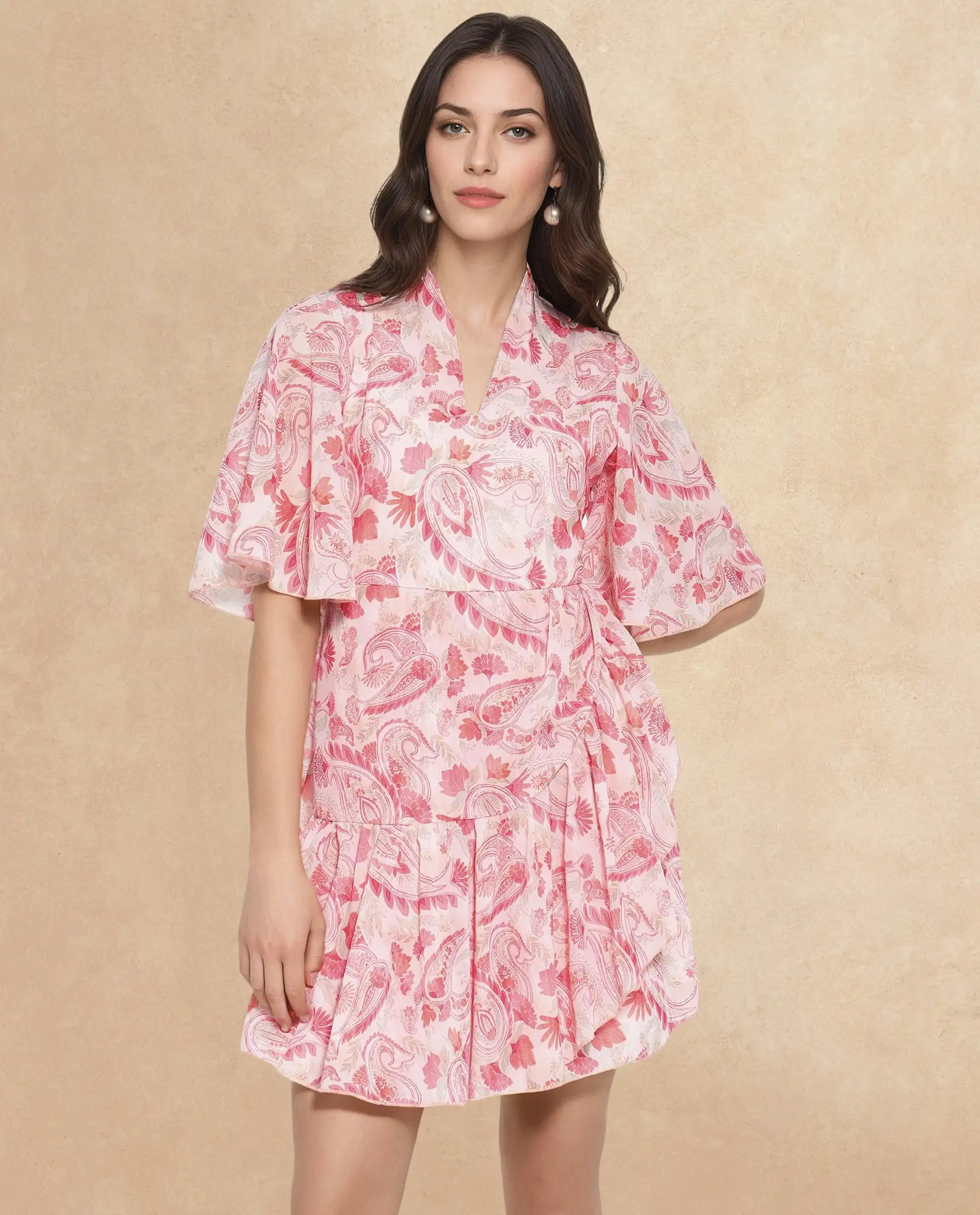 Rareism Women's Pazia Light Multi Polyester V-Neck Paisley Print Bell Sleeve Mini Fit And Flare Dress