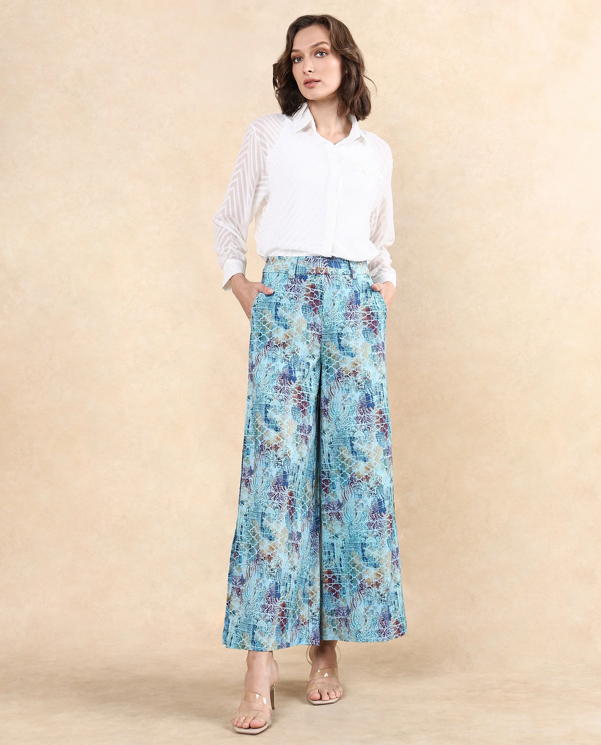 Rareism Women's Pescara Multi Cotton Abstract Print Ankle Length Wide Trouser