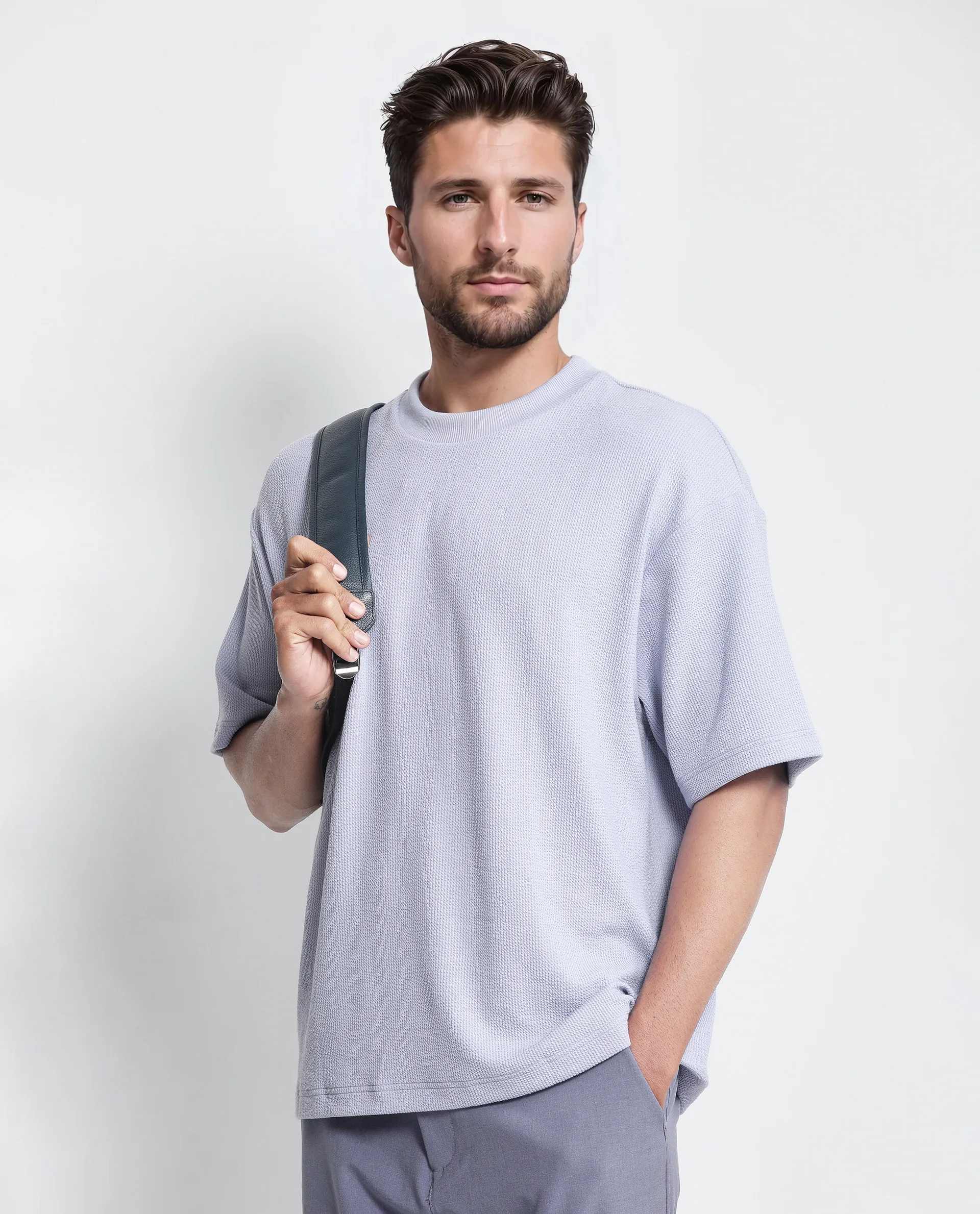 Rare Rabbit Men's Phix Dusky Purple Polyester Blend Textured Oversized Fit Half Sleeve Crew Neck T-Shirt