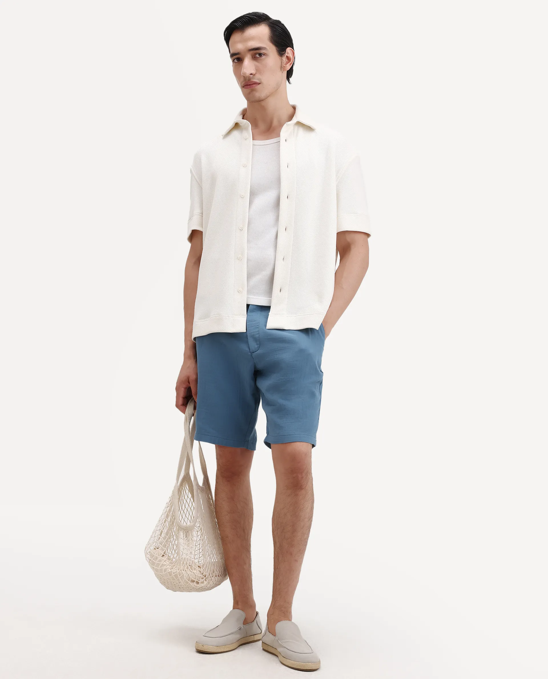 Rare Rabbit Men's Pinto-Ss26 Dusky Blue Cotton Fabric Drawstring Relaxed Fit Plain Shorts