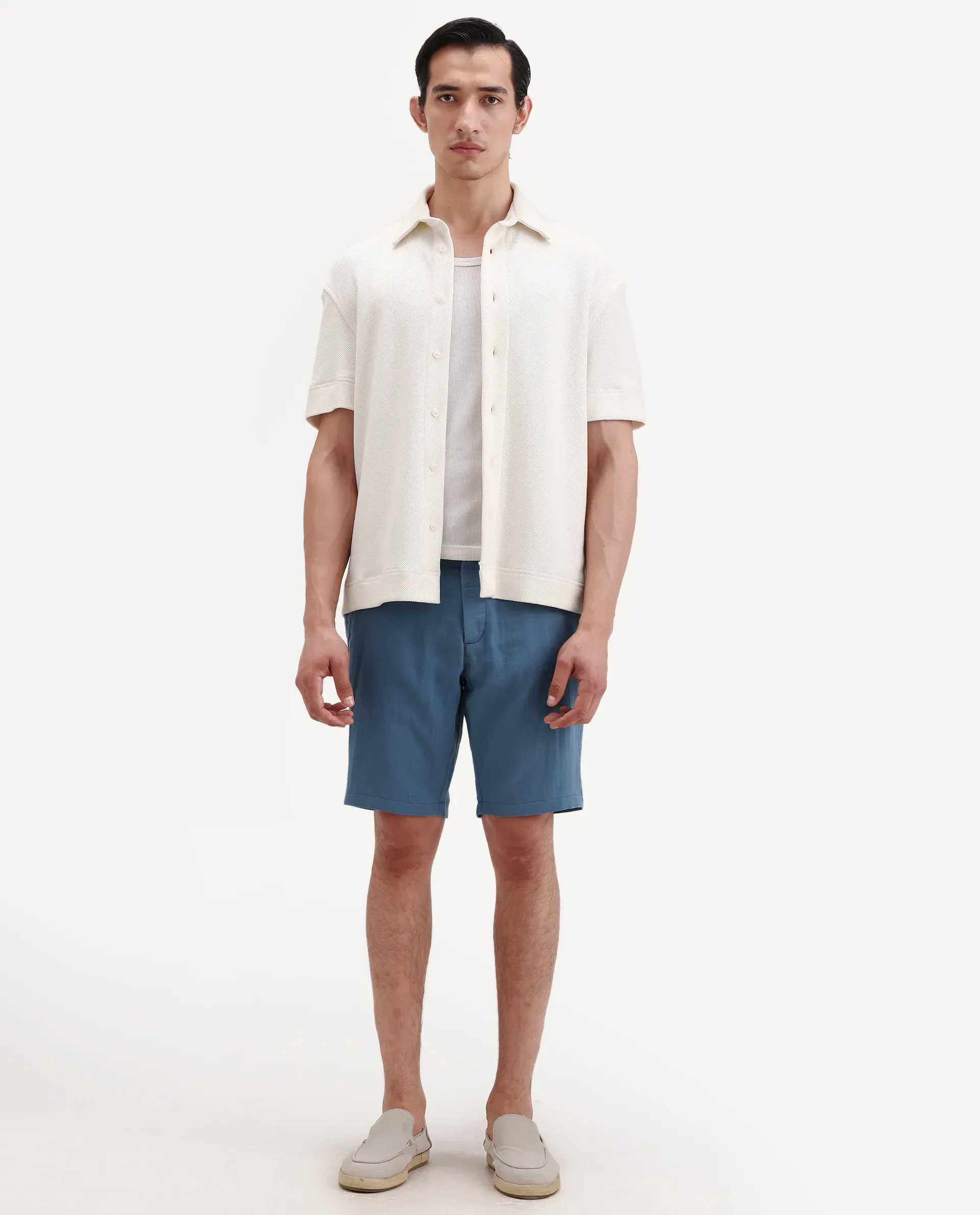 Rare Rabbit Men's Pinto-Ss26 Dusky Blue Cotton Fabric Drawstring Relaxed Fit Plain Shorts - Image 4