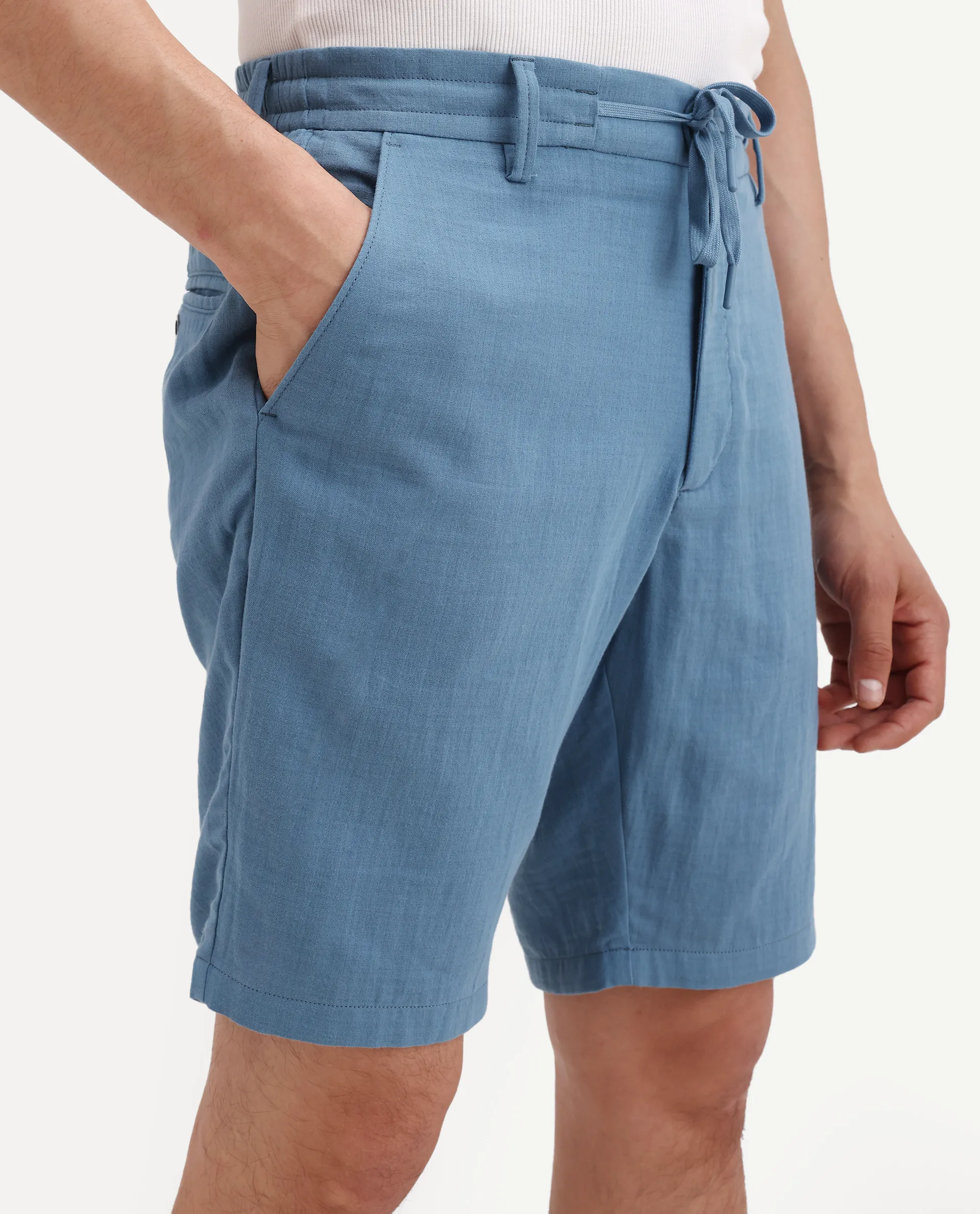 Rare Rabbit Men's Pinto-Ss26 Dusky Blue Cotton Fabric Drawstring Relaxed Fit Plain Shorts - Image 7