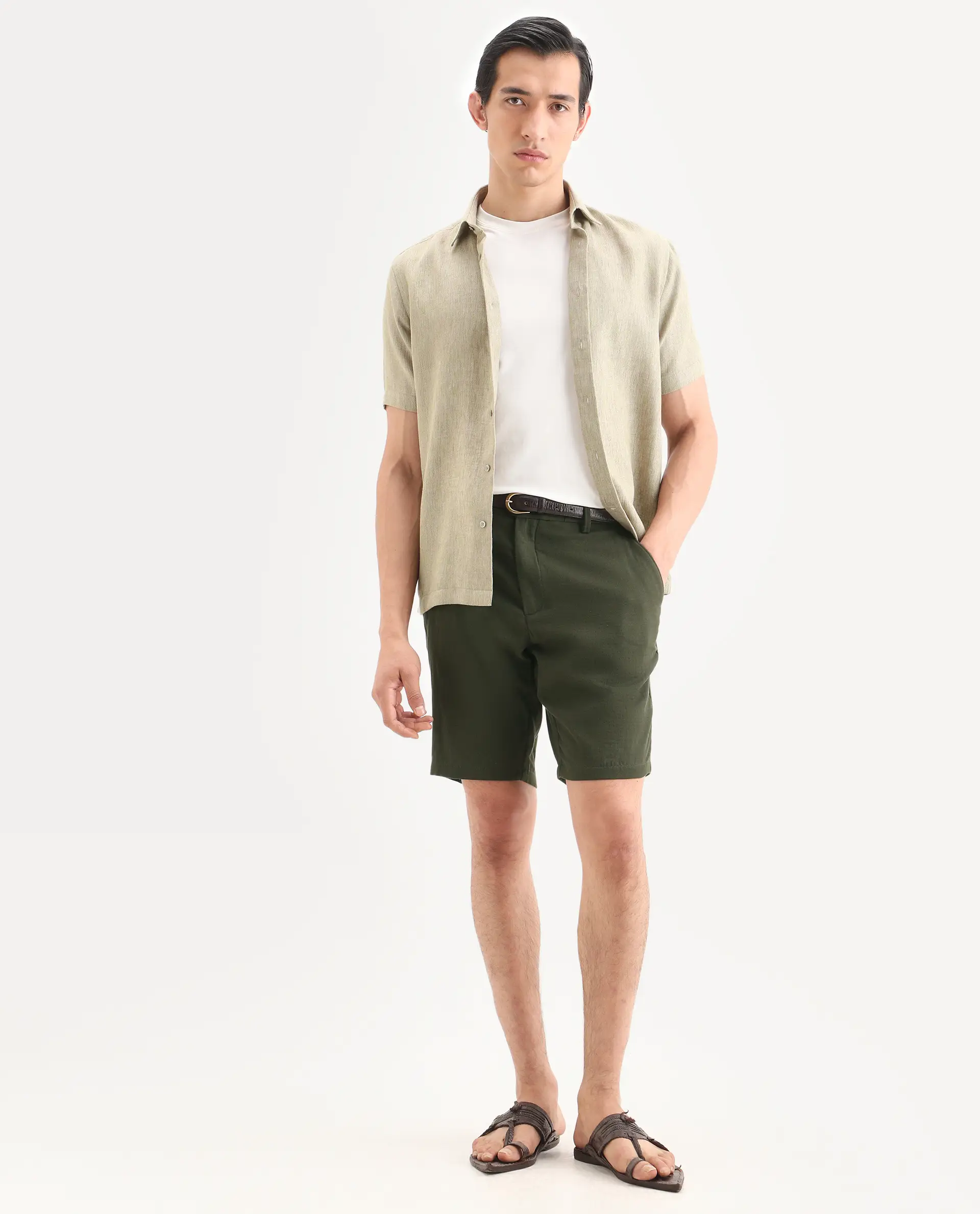 Rare Rabbit Men's Pinto-Ss26 Light Olive Cotton Fabric Drawstring Relaxed Fit Plain Shorts