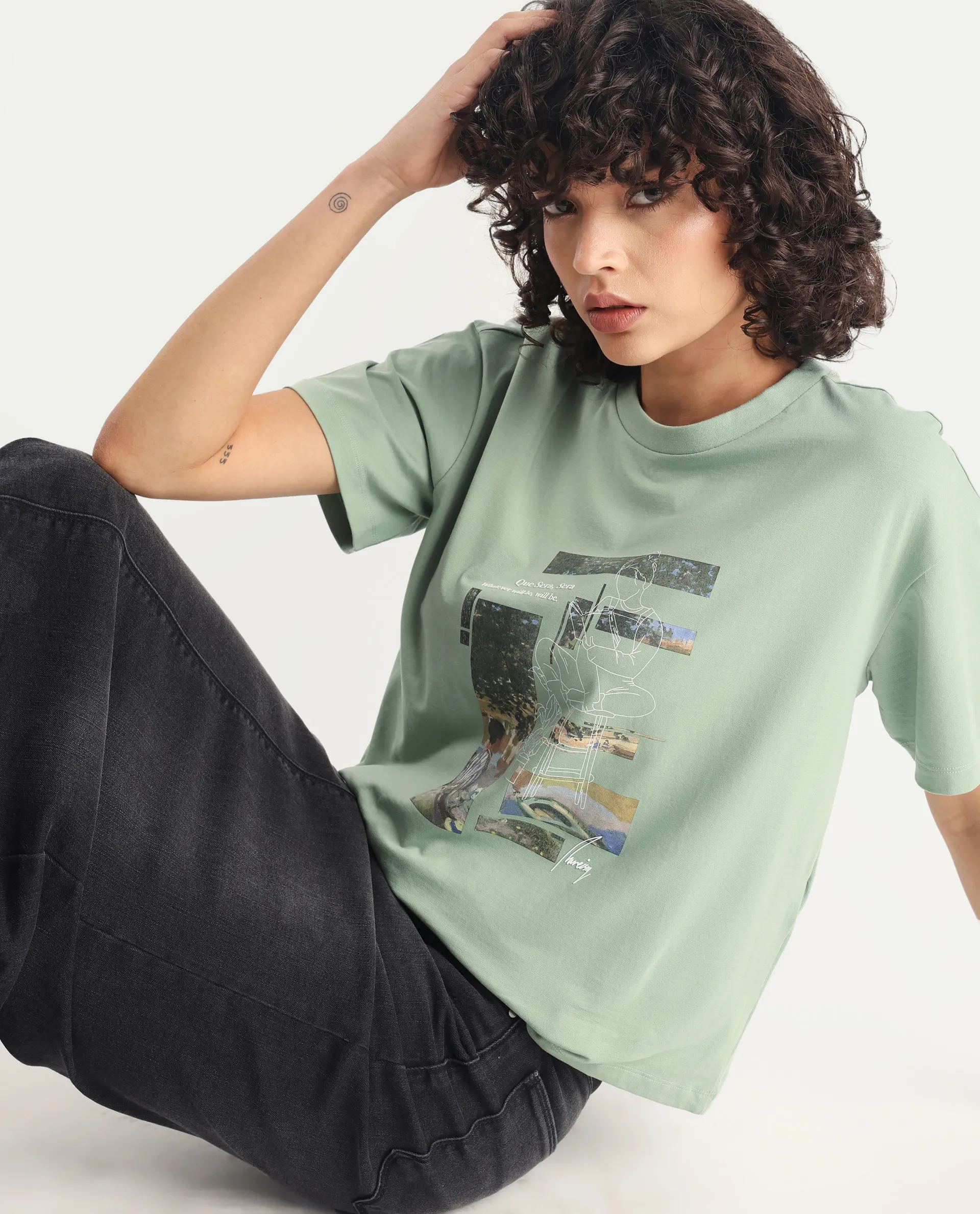 Rareism Women's Pique Light Green Cotton Blend Crew Neck Graphic Print Relaxed Fit T-Shirt