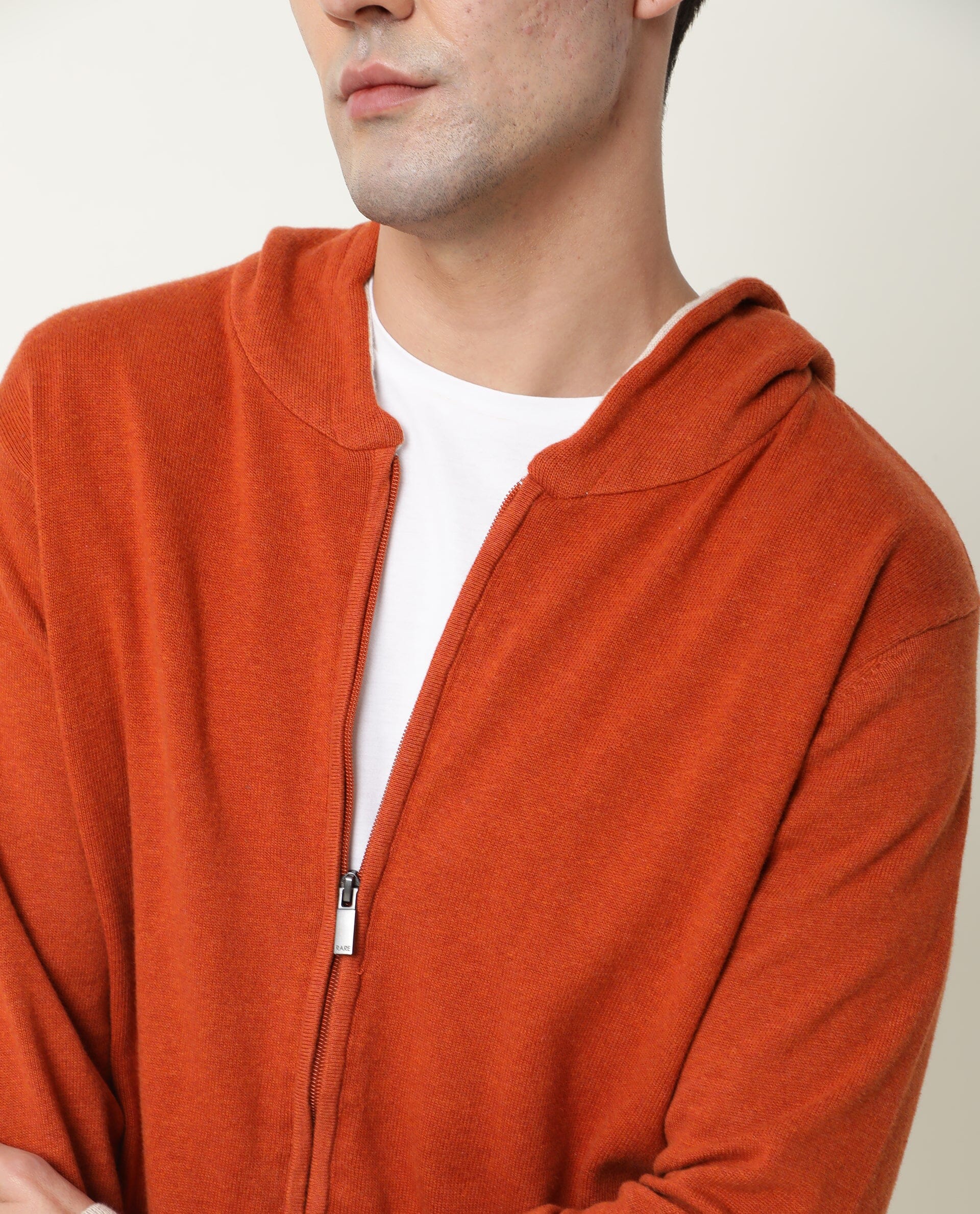 Rare Rabbit Men's Pisa Orange Cotton Plain Relaxed Fit Full Sleeve Hooded Sweater - Image 5