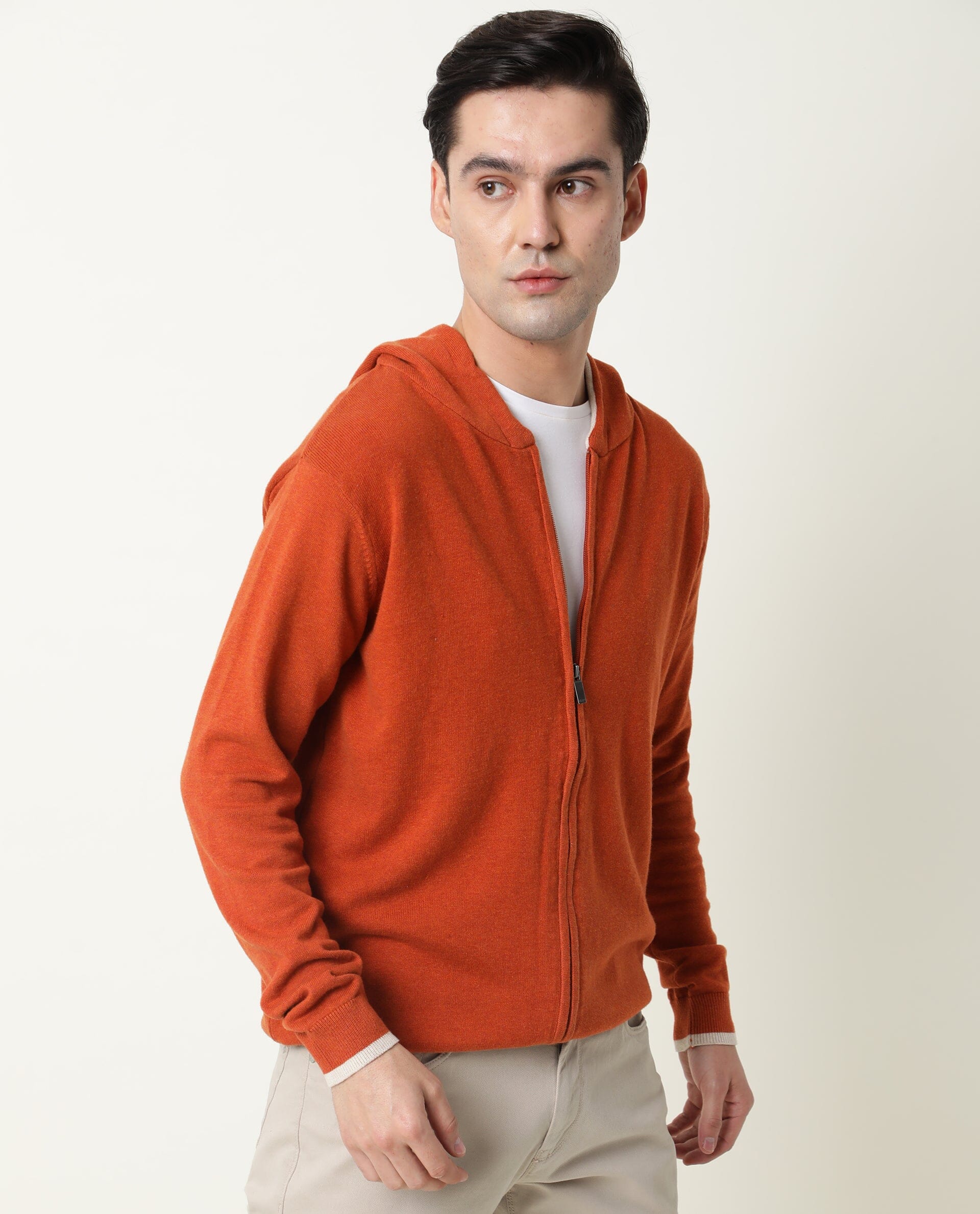 Rare Rabbit Men's Pisa Orange Cotton Plain Relaxed Fit Full Sleeve Hooded Sweater - Image 7