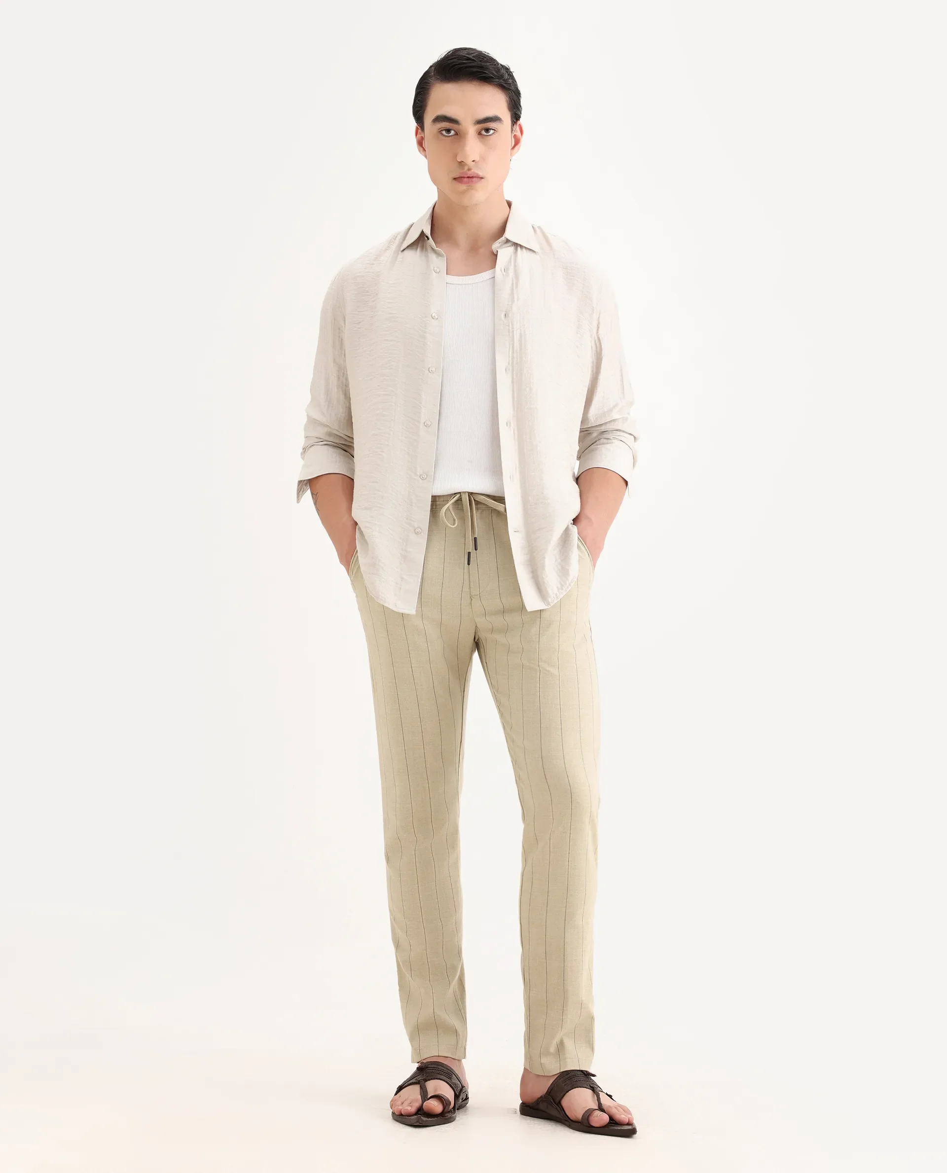 Rare Rabbit Men's Pixie Light Beige Polyester Striped Print Regular Fit Trouser