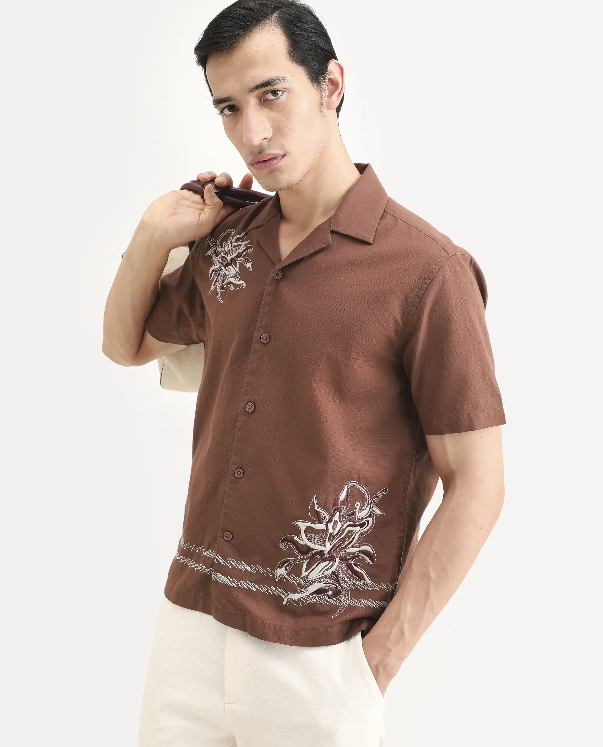 Rare Rabbit Men's Plem Brown Cotton Blend Fabric Half Sleeve Cuban Collar Relaxed Fit Embroidered Shirt